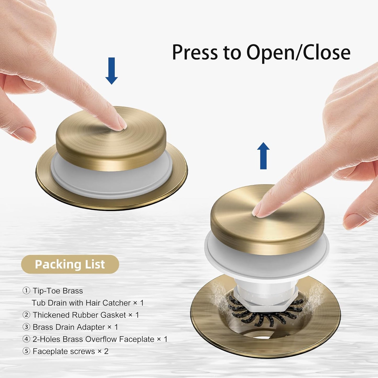 Brushed Gold Tub Drain Kit with Hair Catcher, Premium Brass Tip-Toe Bathroom Tub Drain Replacement and 2-Hole Overflow Faceplate, 11.5/16 UNC Bathtub Drain Stopper Assembly