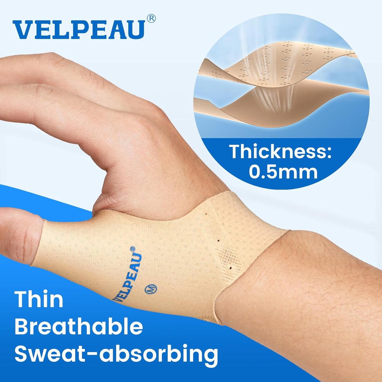 Velpeau Thumb Compression Sleeve for Tendonitis (Pack of 2), Seamless Technology, Gloves Wraps for Arthritis Pain Relief for Women & Men, Splint Liner, Fits Both Hands (Khaki, Short Version, M)