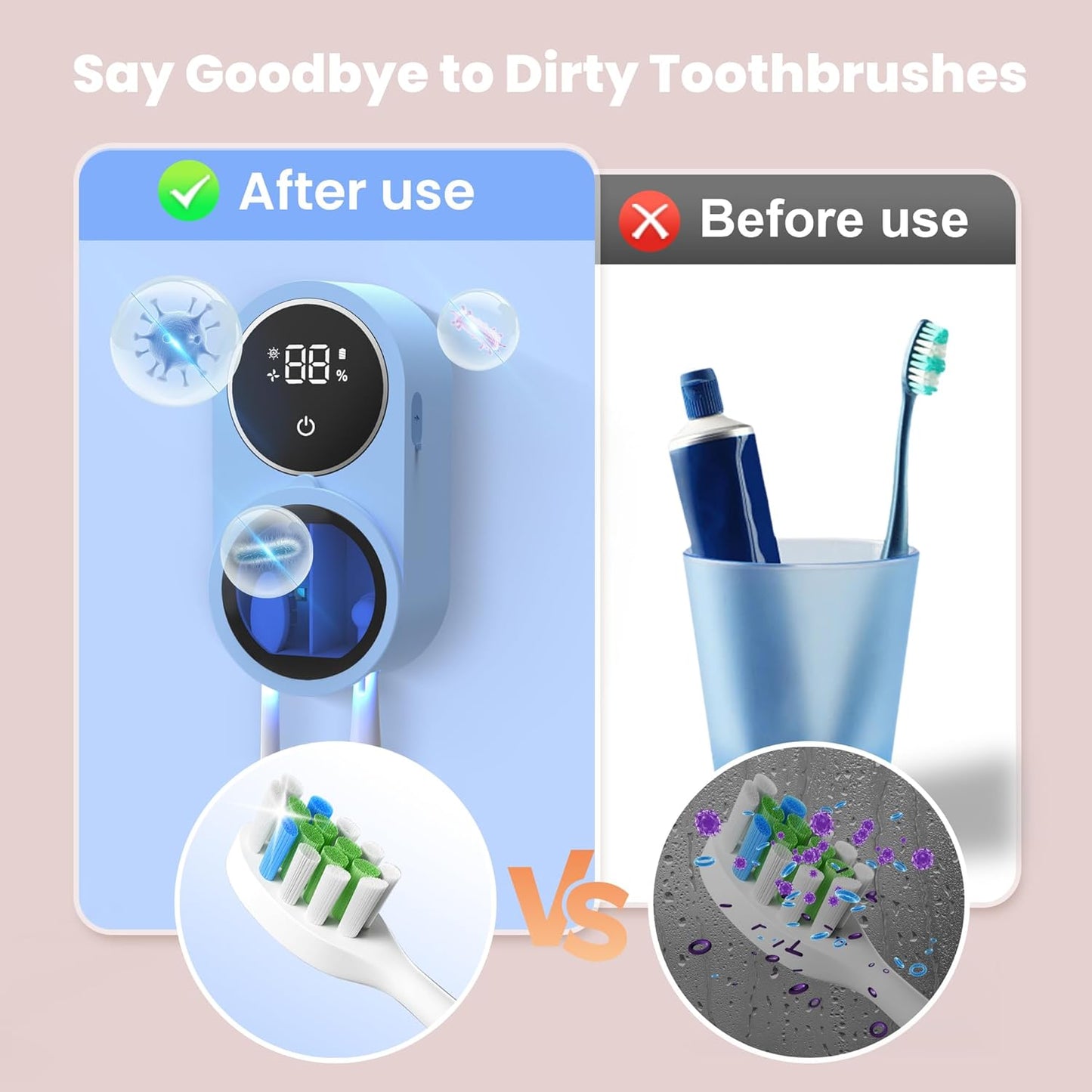 Toothbrush Holder and Cleaner for Bathroom Light Cleaning Fan Drying Round in Circle Automatic Rotating Cover Wall Mounted Smart Home Gadgets (02 Blue)