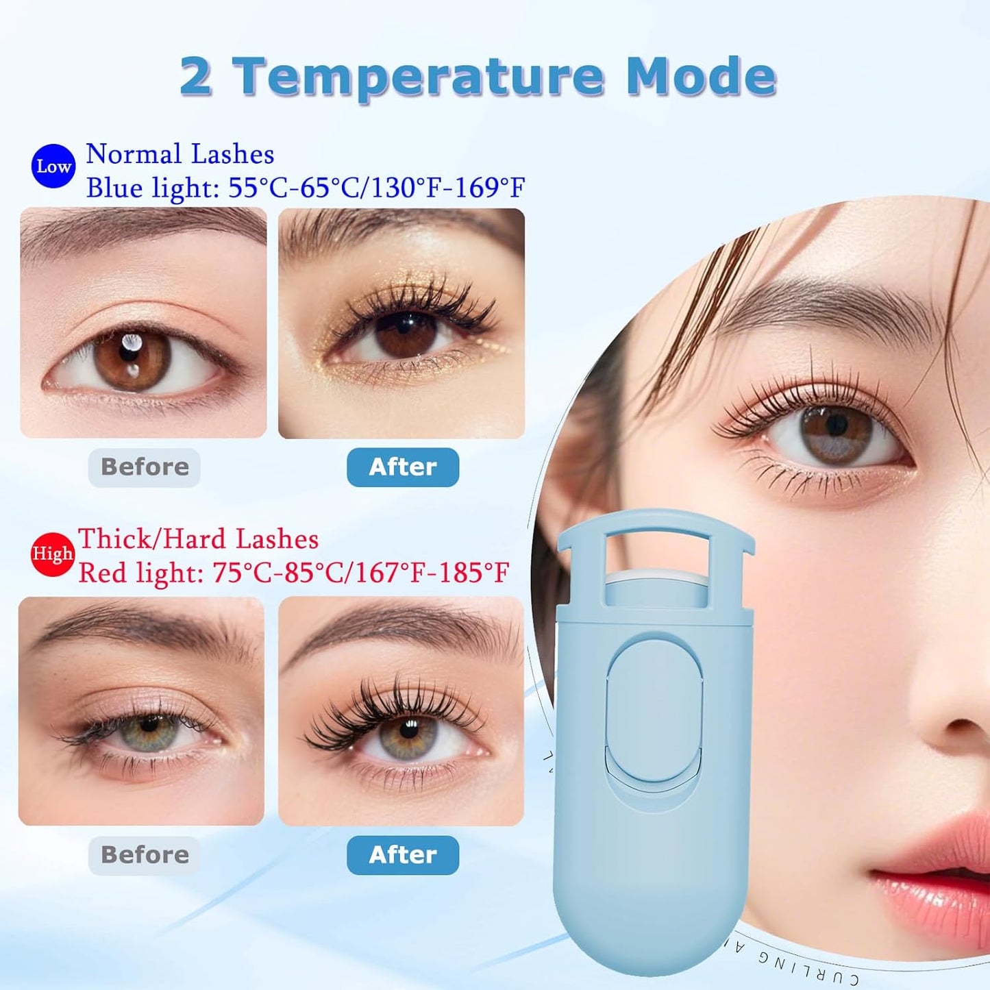 Heated Eyelash Curler - Wide Open Dual-Arc Design Heated Lash Curler - Electric Eyelash Curler - Type-C Rechargeable Mini Lash Curler Natural Curling 24H Long Lasting for Women - Blue