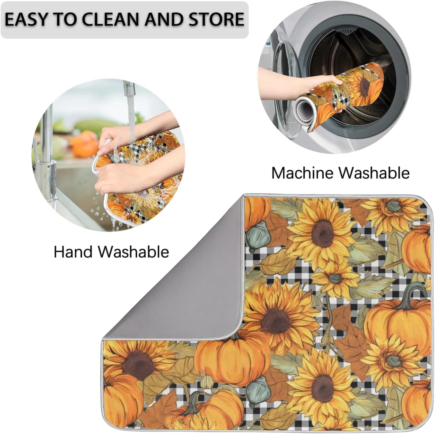 Hexteria Dish Drying Mat for Kitchen Counter Absorbent Microfiber Kitchen Drying Mat Summer Pumpkin and Sunflower Dish Drainer Rack Mat Heat Resistant 18 x 24