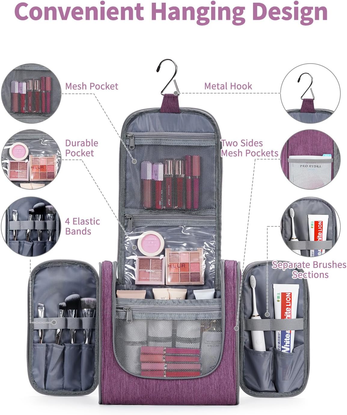 Hanging Toiletry Bag for Women Travel Makeup Bag Organizer Toiletries Bag for Cosmetics Essentials Accessories (Large, Dark Purple)