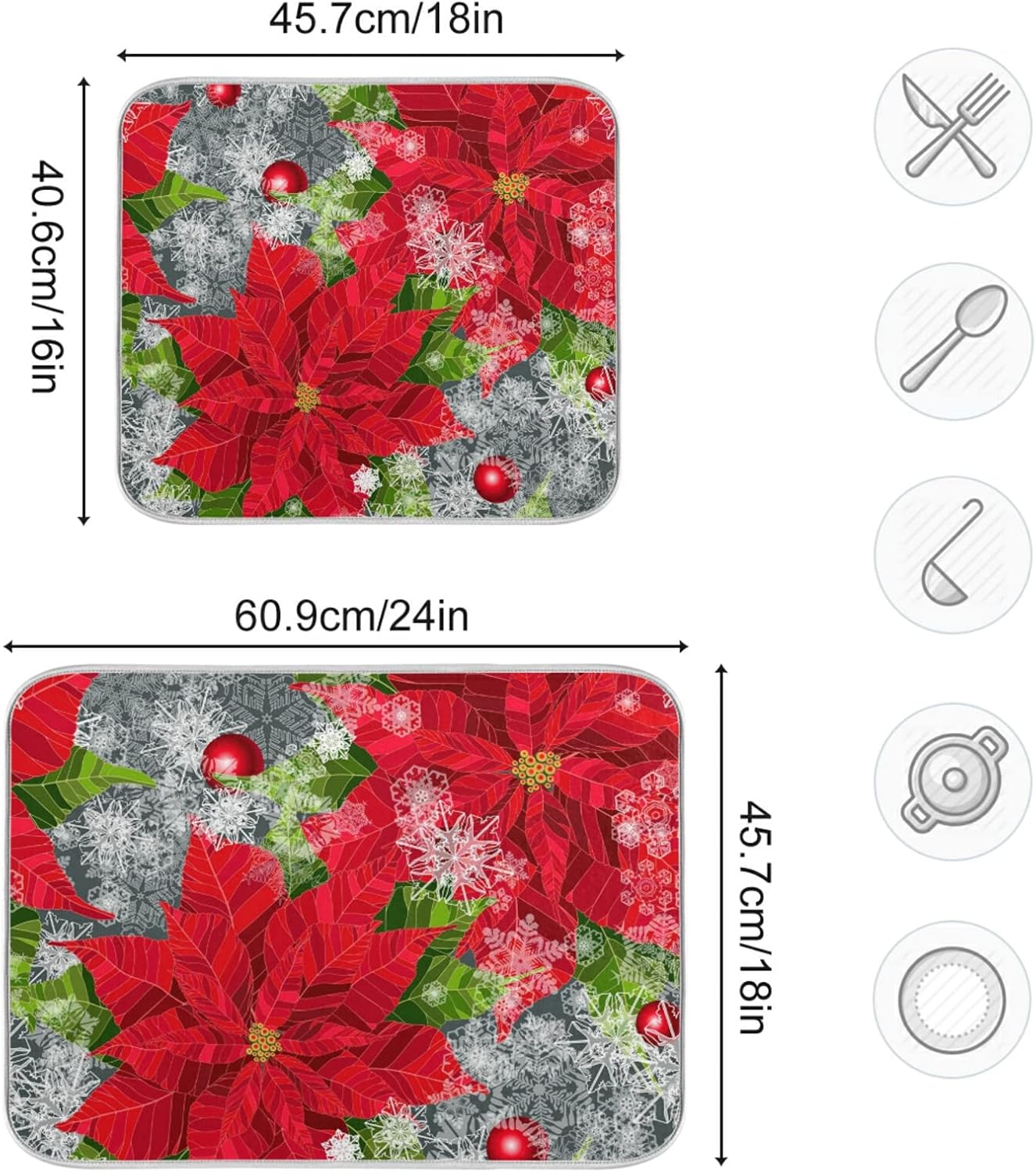 Happy Holidays Poinsettias Flower Christmas Microfiber Dish Drying Mat 18'' x 24'' for Kitchen Counter Drying Pad Dish Drainer Mats Absorbent Dish Draining Mat Extra Large