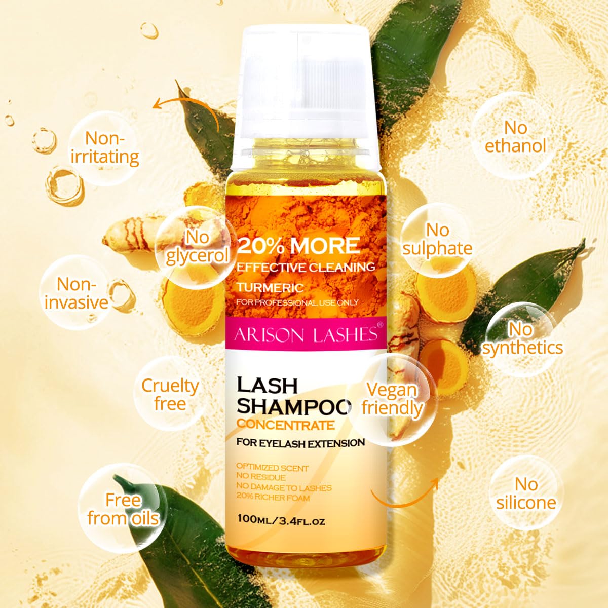 ARISON LASHES Lash Shampoo Concentrate for Lash Extensions 100ML Eyelash Cleanser Concentrate Oil-Free Eyelash Extension Shampoo with Salon Home Care(Turmeric)