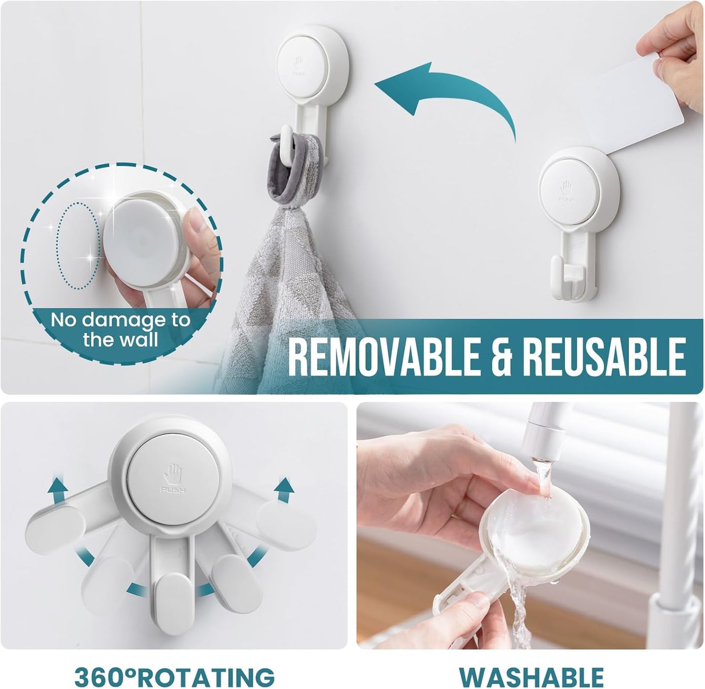 TAILI Suction Towel Hook for Bathroom, Damage-Free Hanging Hooks for Inside Shower Wall, Powerful Vacuum Suction Cup Shower Holder for Towel, Loofah, Cloth, Easy to Install and Remove, White, 4 Pack