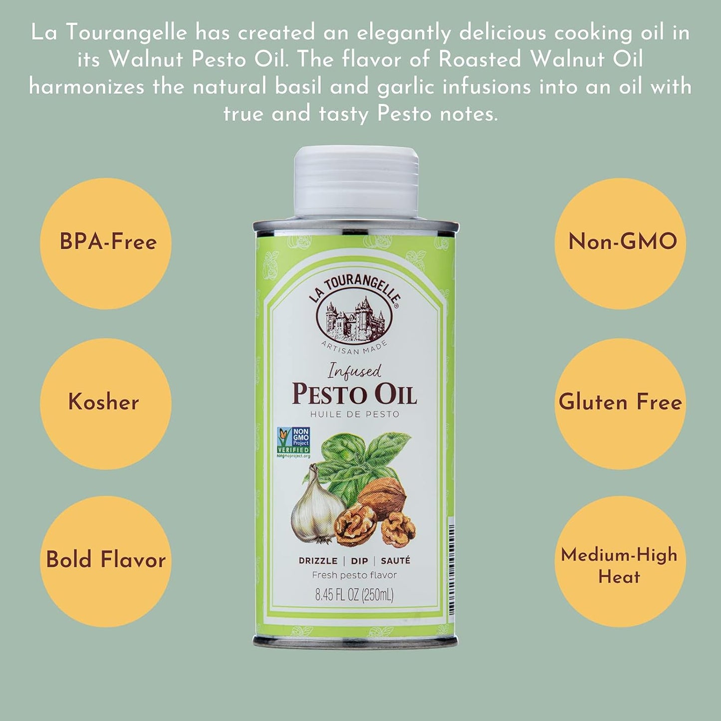 La Tourangelle, Pesto Infused Oil, Drizzle onto Pasta and Salads, Whisk in Seasonings for Easy Dipping Sauce, Vinaigrette, or Marinade, 8.45 fl oz