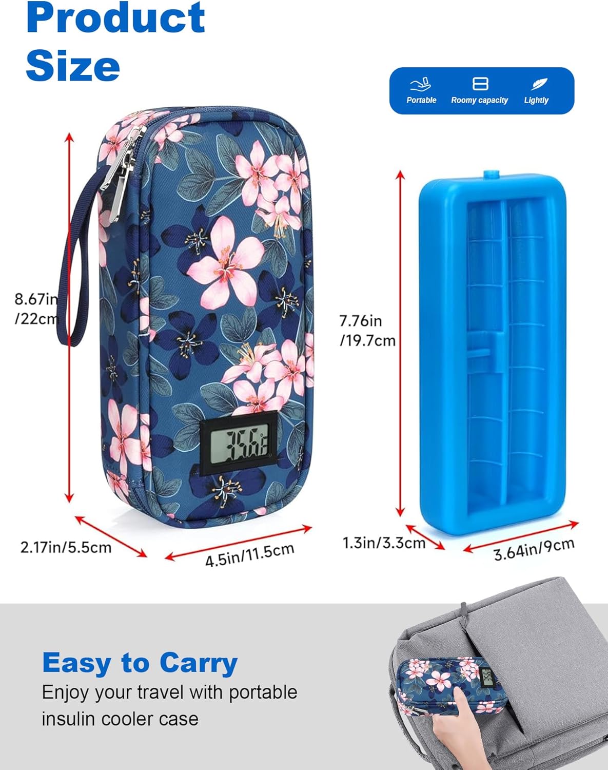 Insulin Cooler Travel Case for Pen & Vials - TSA Approved Temperature Display Diabetic Medication Cooling Bag with Protective Ice Brick, Refrigerated Diabetes Supplies Carrying Organizer(Magnolia)