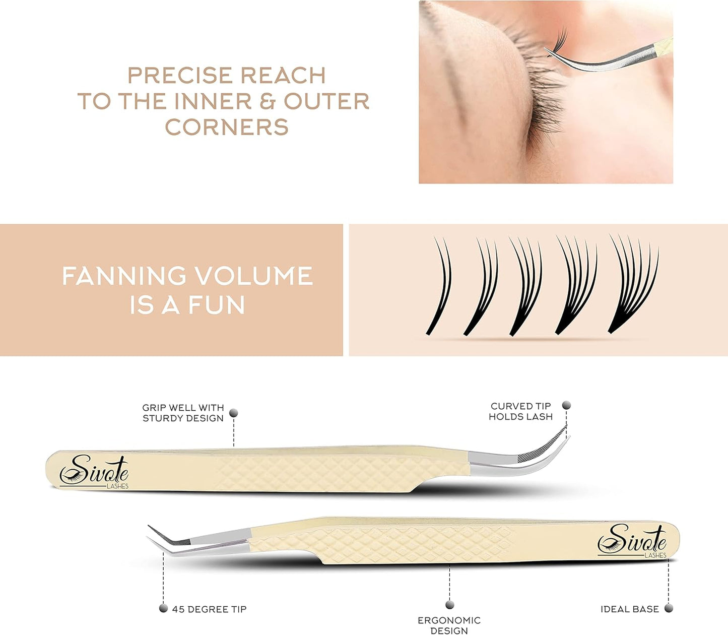 SIVOTE Fiber Tips Lash Tweezers for Eyelash Extensions, Set of 4, Curved, Dolphin, 90 Degree & 45 Degree Tweezer, Vanilla