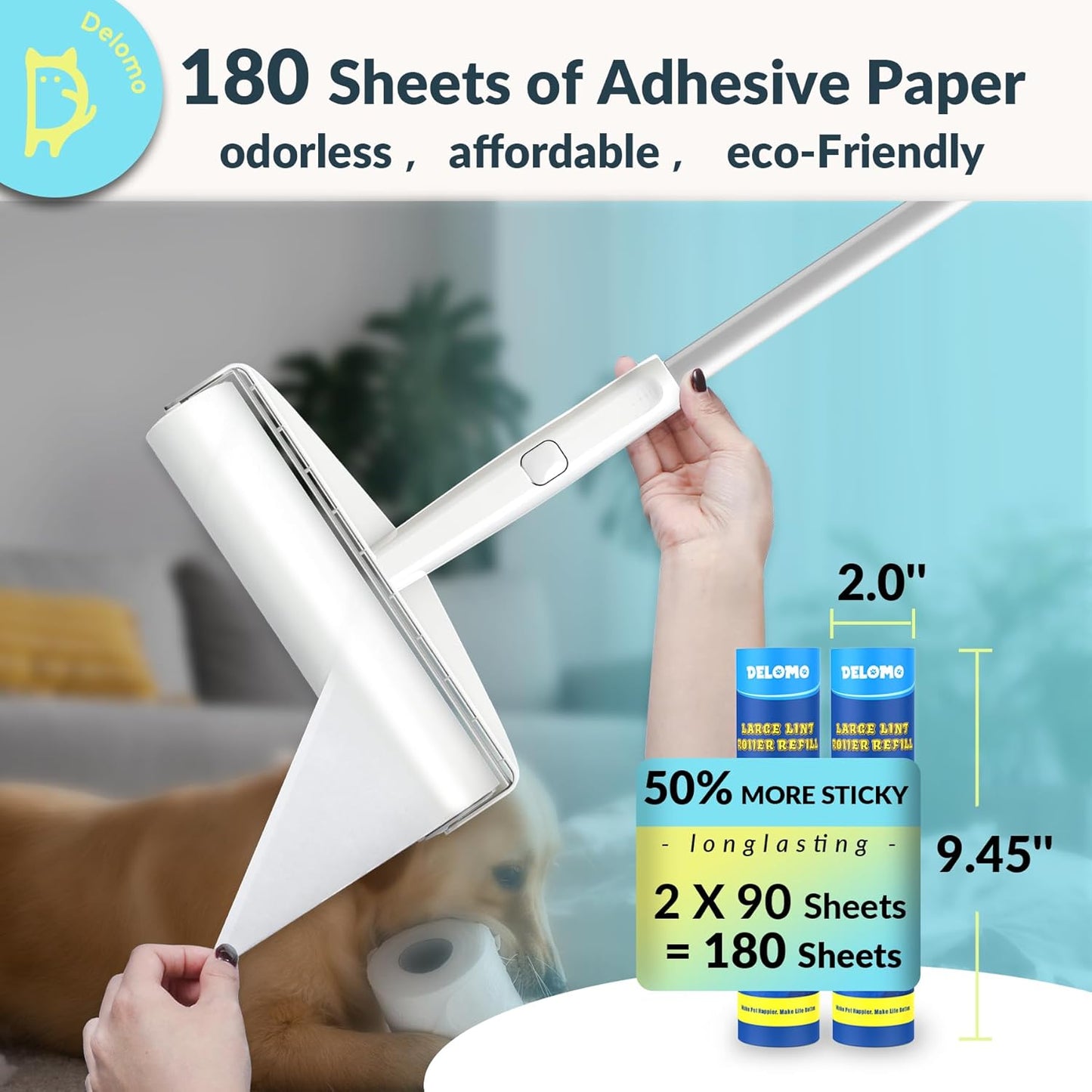 Lint Roller Refills (2 Pack, 180 Sheets) – DELOMO 9.45 in Large Lint Roller Refill, Compatible Only with DELOMO Floor Lint Roller, for Cleaning Carpets, Cars, Clothing & Pet Hair