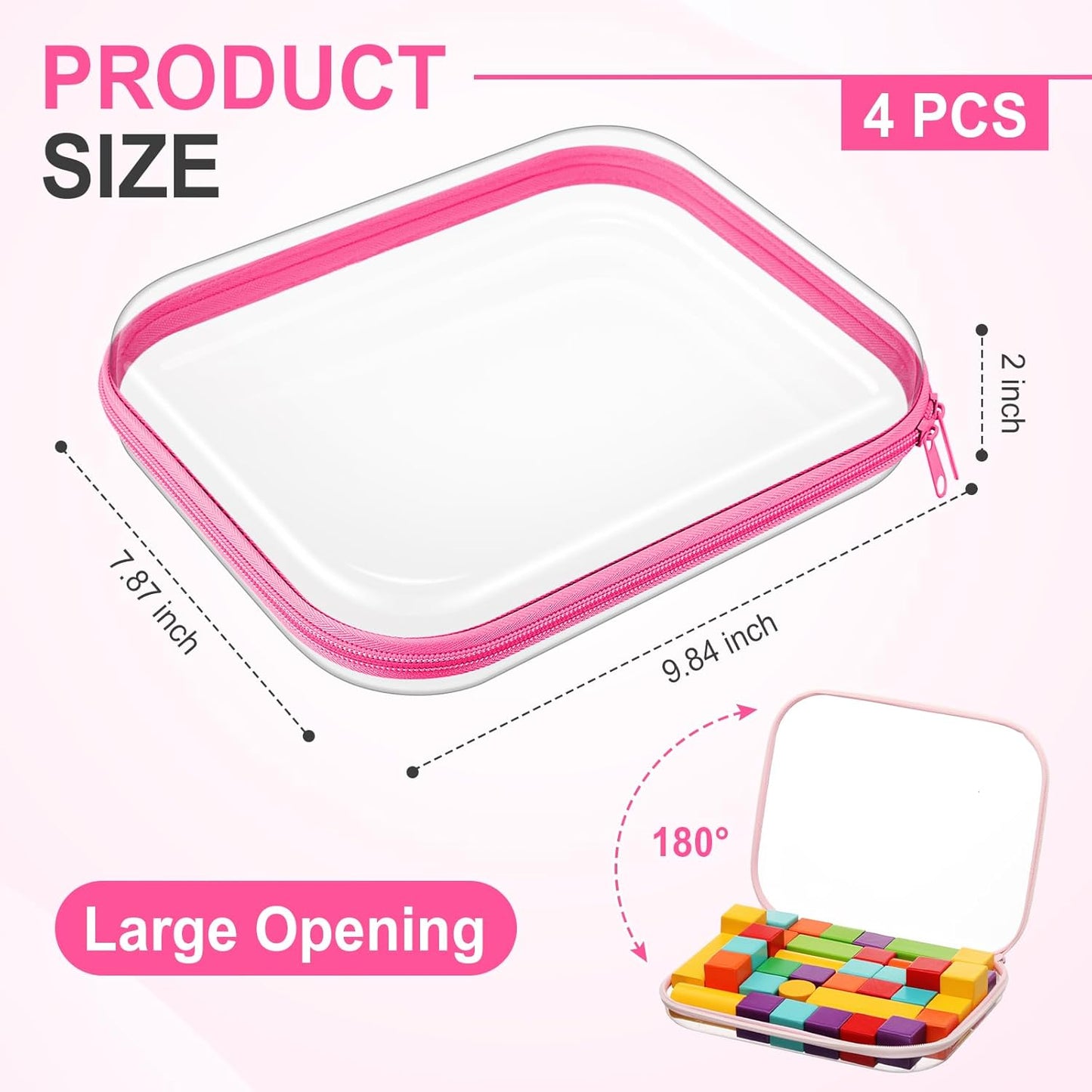 Hoolerry 4 Pcs Hard Clear Zipper Case Makeup Bags Plastic Pencil Pouch Transparent Storage Box Containers for Cosmetics, Snacks, Building Blocks, Puzzles(Pink,9.8 x 7.9 x 2 in)