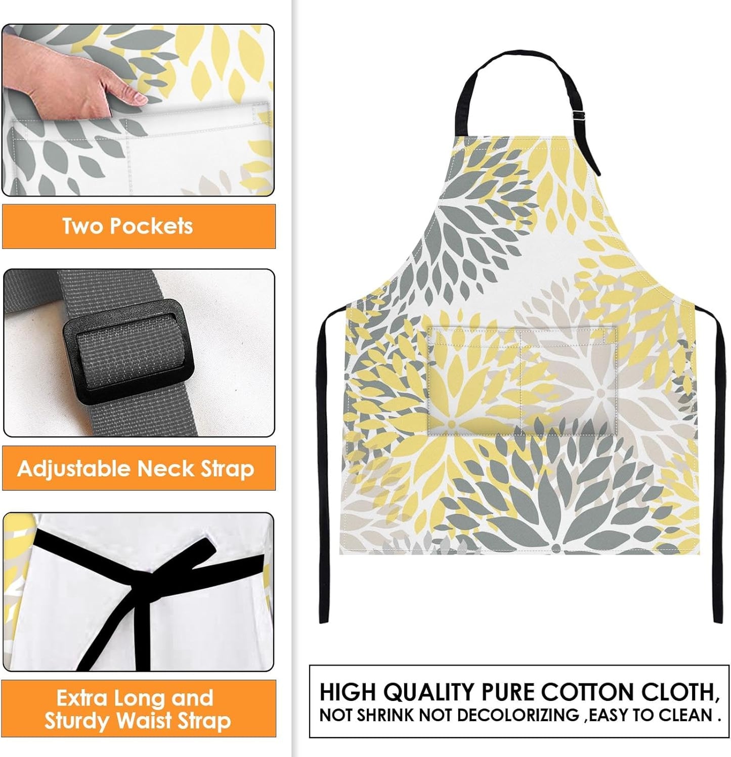 2 Pack Aprons, Dahlia Geometric Plaid Chevron Adjustable Bib Aprons with 2 Pockets for Women Men Couple Lovers Chef Home Kitchen Cooking Baking Gardening Grey Yellow Flowers Apron 32x28 Inches