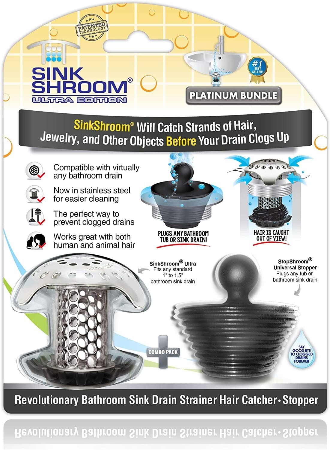 SinkShroom Ultra Revolutionary Bathroom Sink Drain Protector, Stainless Steel with Stopper