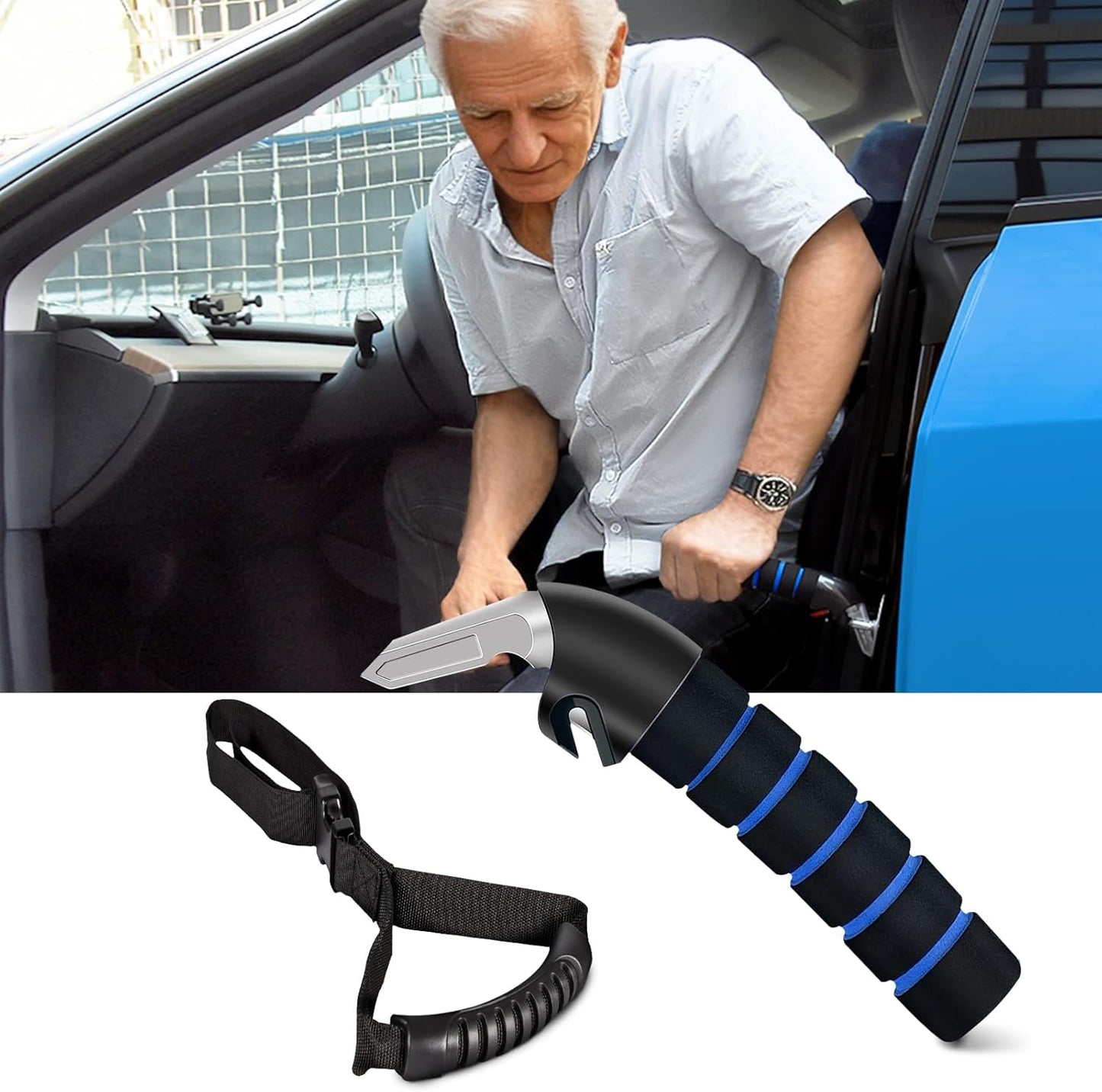 Car Door Handle for Elderly, Mobility Car Assist Transfer Support Handle and Adjustable Straps, Multifunction Automotive Grab Handles, Aids for Disabled and Elderly（Blue）