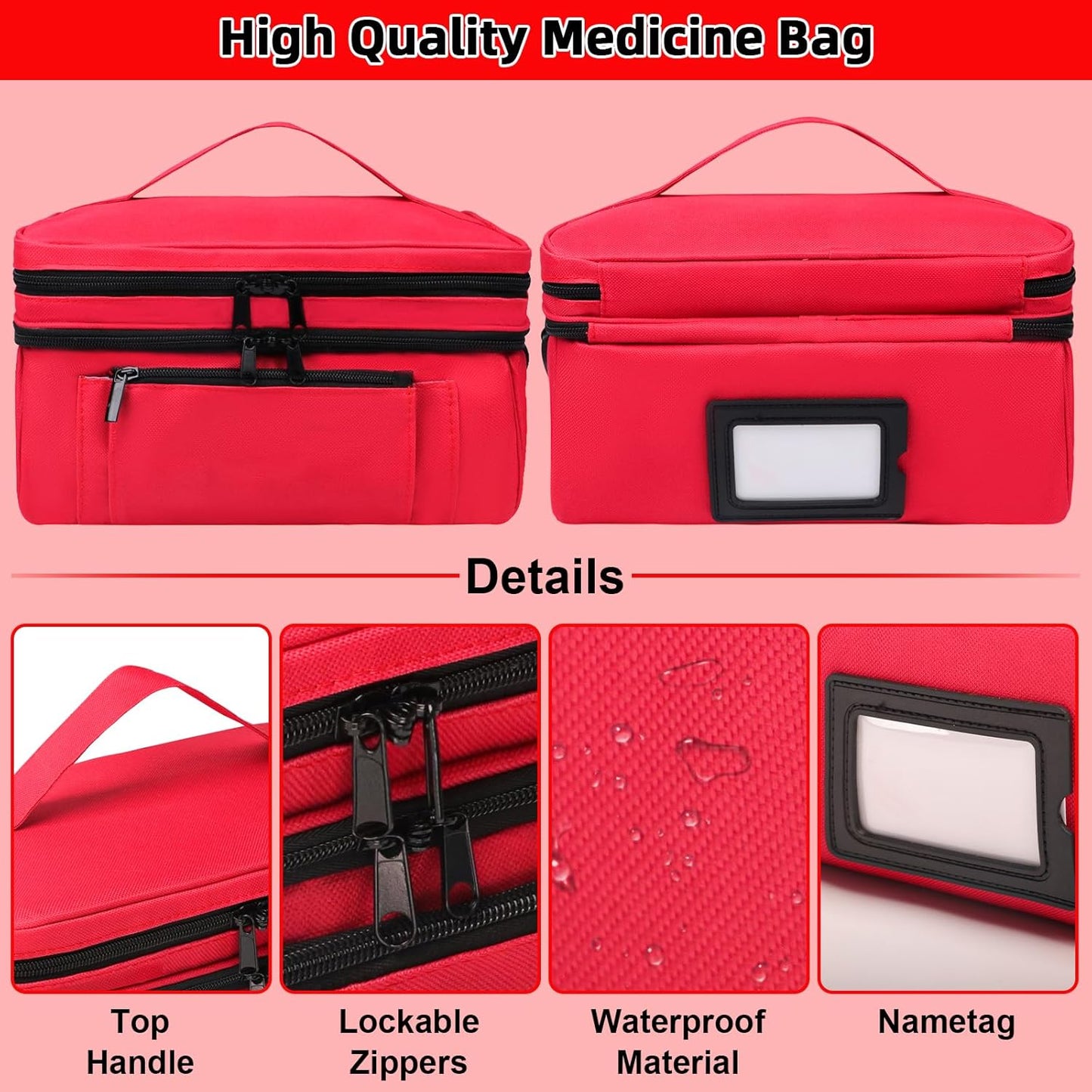 Medicine Bag for Traveling with Portable Small Pouch, Double Layer Pill Bottle Organizer Storage Case with Lockable Zippers, Carrying Medication Travel Case with Shoulder Strap (Bag ONLY), Red