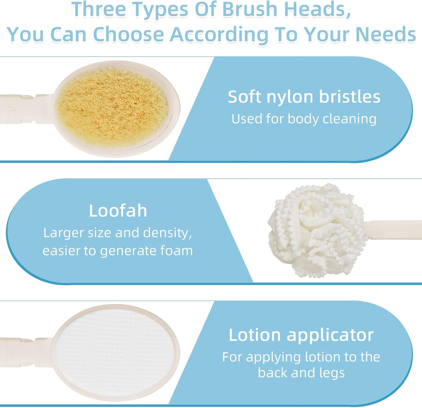 Loofah Sponge with Handle,Back Scrubber Brush for Shower, Lotion Applicator for Back,3 in 1 Shower Kit (White loofah)