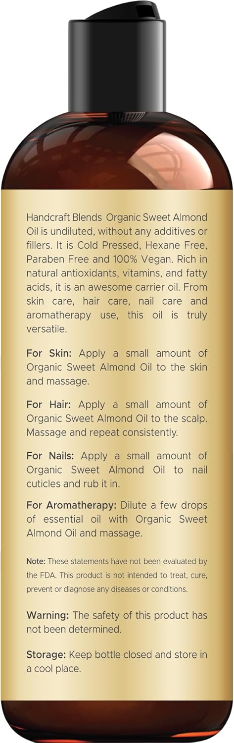 Handcraft Blends Organic Almond Oil - 8 Fl Oz - 100% Pure and Natural - Premium Grade Oil for Skin and Hair - Carrier Oil - Hair and Body Oil - Massage Oil - Hexane-Free