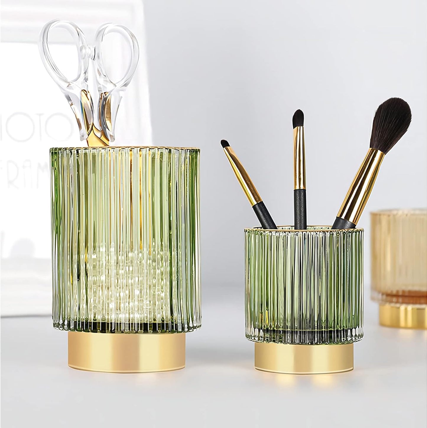 DASITON Makeup Brush holder Organizer, Crystal Cosmetic Makeup Brush Glass Brushes Storage Holder, Vintage Make Up Brush Cup Pen Pencil Holder striped vase(Green S+L)