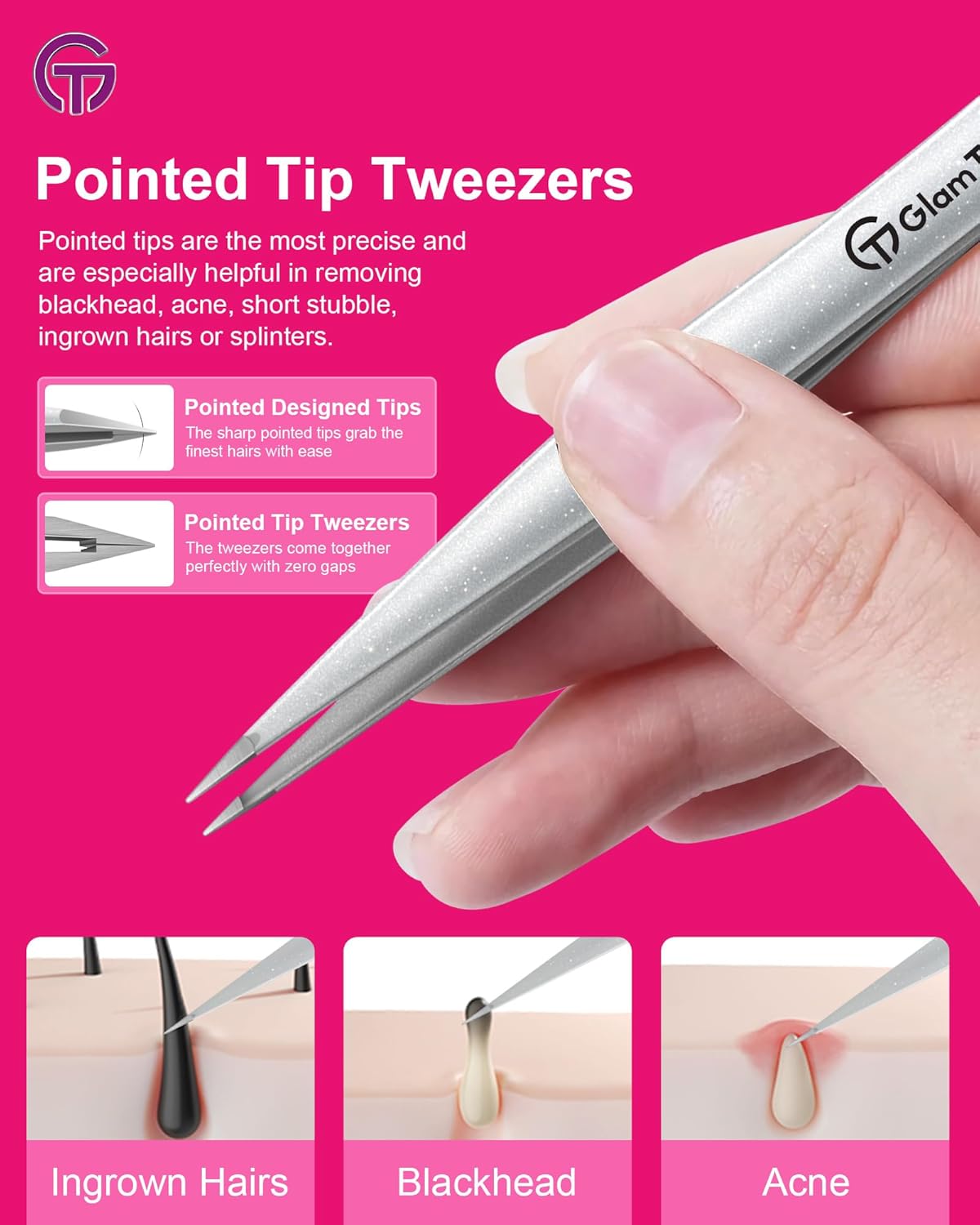 Expert Slant and Point Tip Tweezer Set with Exclusive Storage & Carrying Case, GlamTweeler Sharp & Precision Tweezer Set for Eyebrows, Facial Hairs and Fine Hairs Removal (Sparkle Silver)