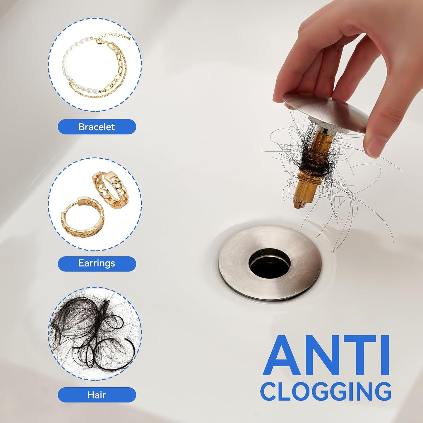 Bathroom Sink Drain Stopper, 2-in-1 Pop Up Sink Drain Stopper Strainer for 1.06"-1.65" Basin Drain Holes, Brass Bounce Core Sink Stopper with Anti-Clogging Hair Catcher