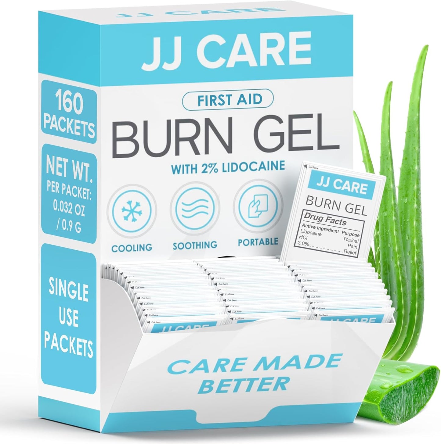 JJ CARE Burn Gel (Pack of 160), Soothing Burn Gel Packets for Minor Burns, First Aid Jel & Sunburn Relief Individual Packets with Lidocaine and Aloe Vera (0.9 Grams per Packet)