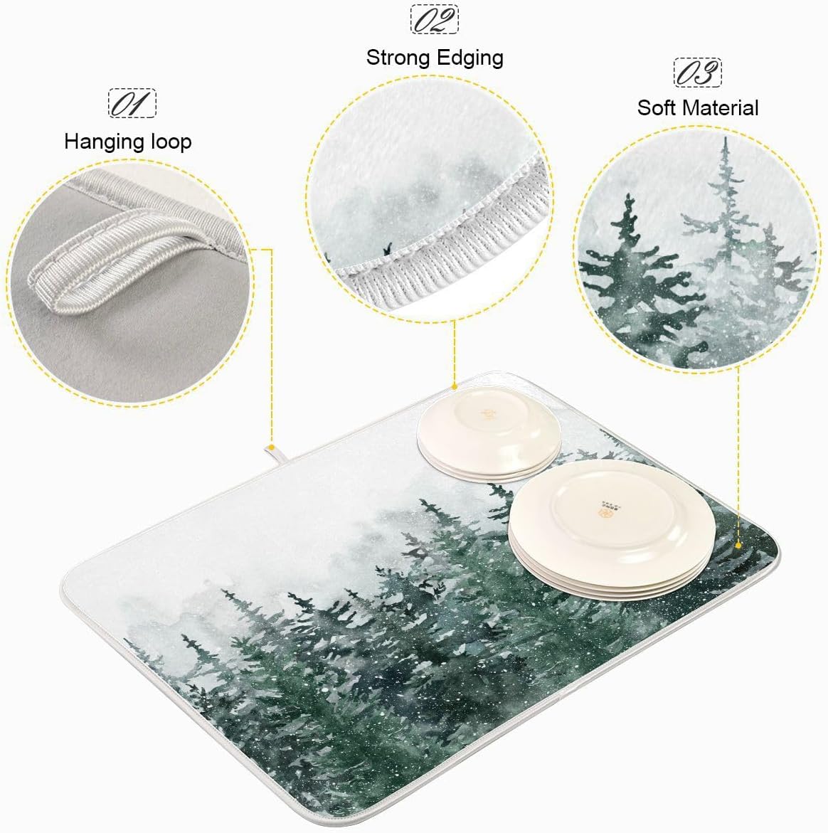 Winter Forest Scenery Dish Drying Mat for Kitchen Christmas Tree Snow Xmas Microfiber Drying Mats Absorbent Reversible Dish Pad Large Dish Draining Mat 18x24 inch