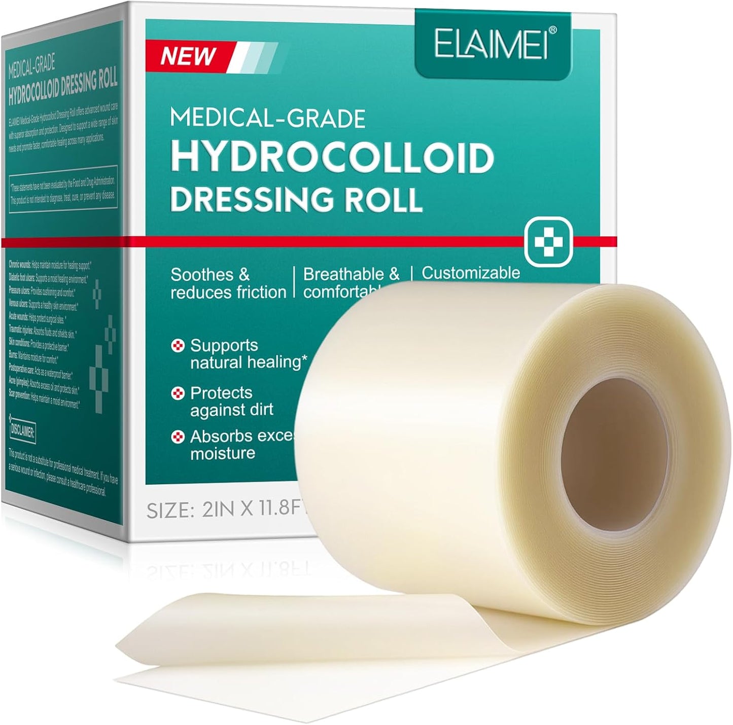 Hydrocolloid Roll for Wound Care, (2in*11.8ft) Hydrocolloid Bandages, Cut-to-Size, Medical Grade Hydrocolloid Roll with Self-Adhesive, Ultra Absorbent, Flexible & Waterproof, First Aid Kit Essential