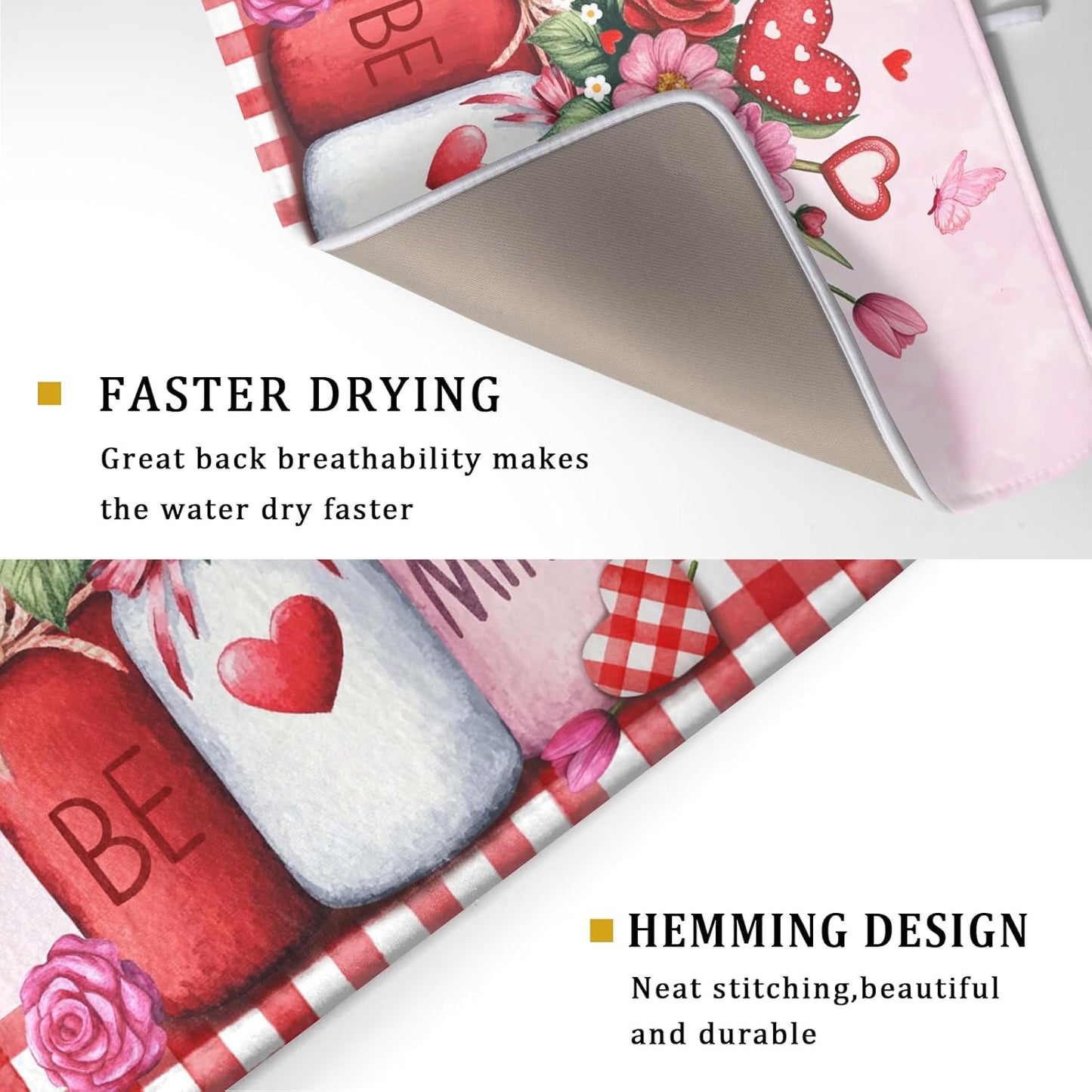 Rose Vase Dish Drying Mat 18x24 inch Romantic Floral Washable Absorbent Dish Dry Pad Fast Dry Drainer Rack Mats Kitchen Counter Accessories