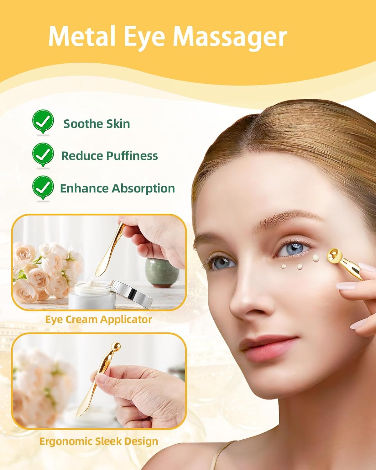 Under Eye Patches Silicone - 2 Pairs Reusable Eye Patches, Eye Wrinkle Patches, Reusable Under Eye Mask, Plump Fine Lines & Wrinkles, with Metal Eye Cream Applicator, Tin Case, Gold