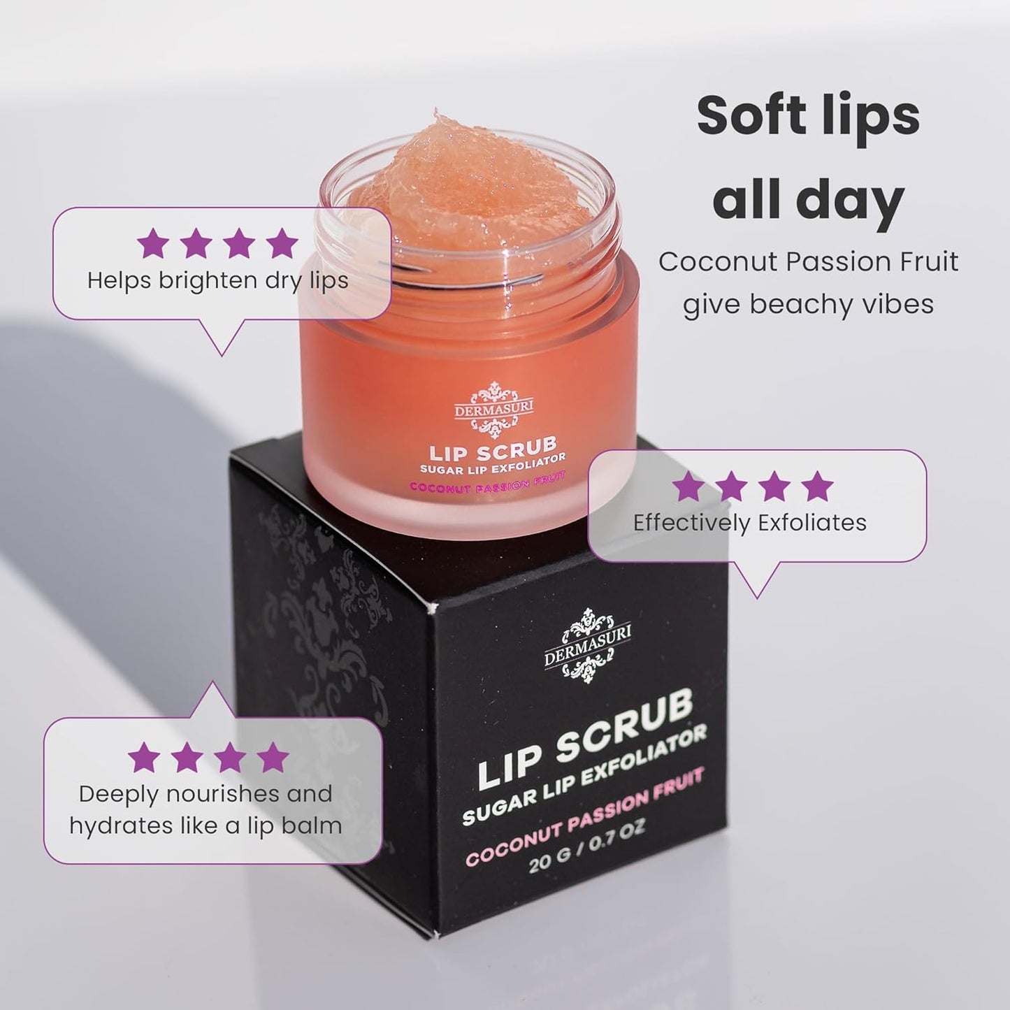 Dermasuri Lip Exfoliator Scrub and Moisturizer, Sugar Scrubs, Overnight Hydration & Softening, Brighten and Soften Dark Lips For Men & Women, Soothing Dryness, Coconut Passion Fruit Flavor 20g/0.7oz
