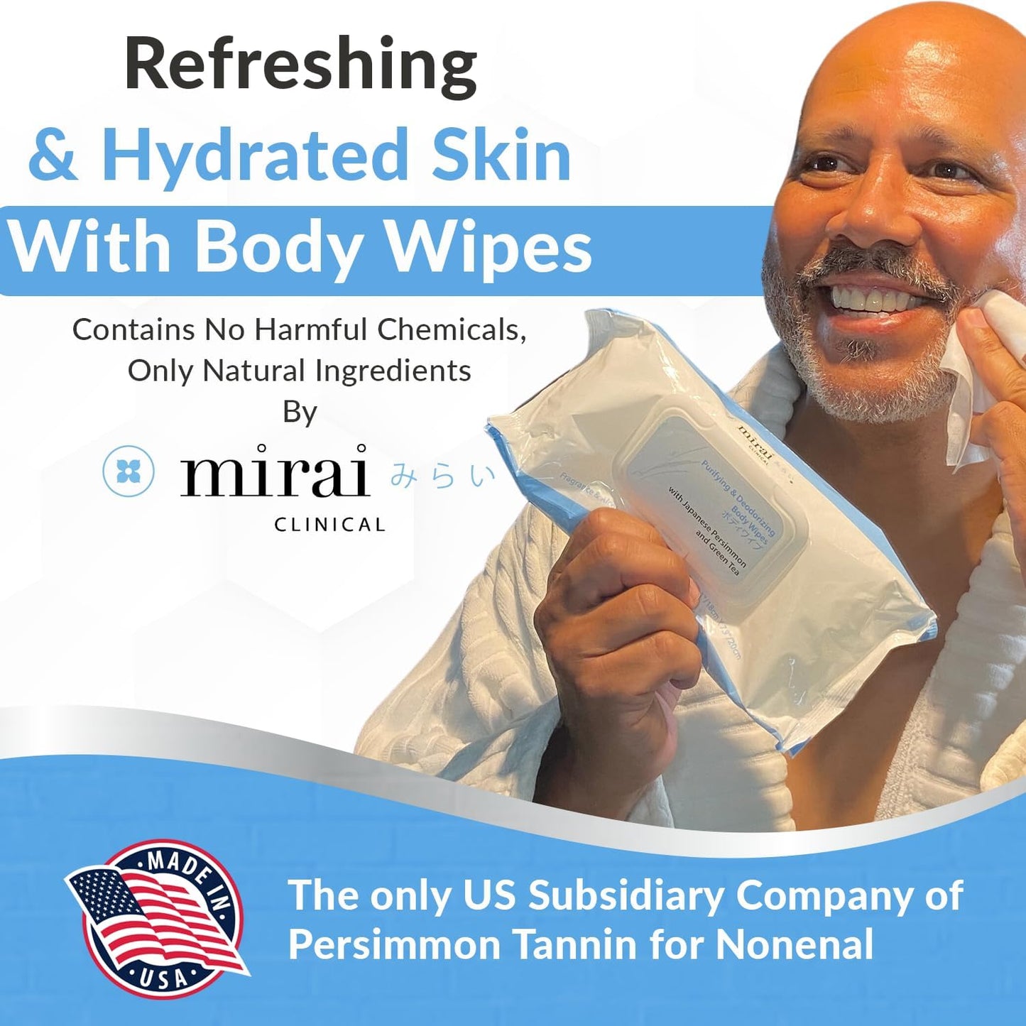 Mirai Clinical's Deodorizing Body Wipes for Women & Men - Cleansing & Refreshing Deodorant Wipes Women & Men Love - Fights Nonenal Body Odor - For Whole Body Usage - Unscented - 3 packs.