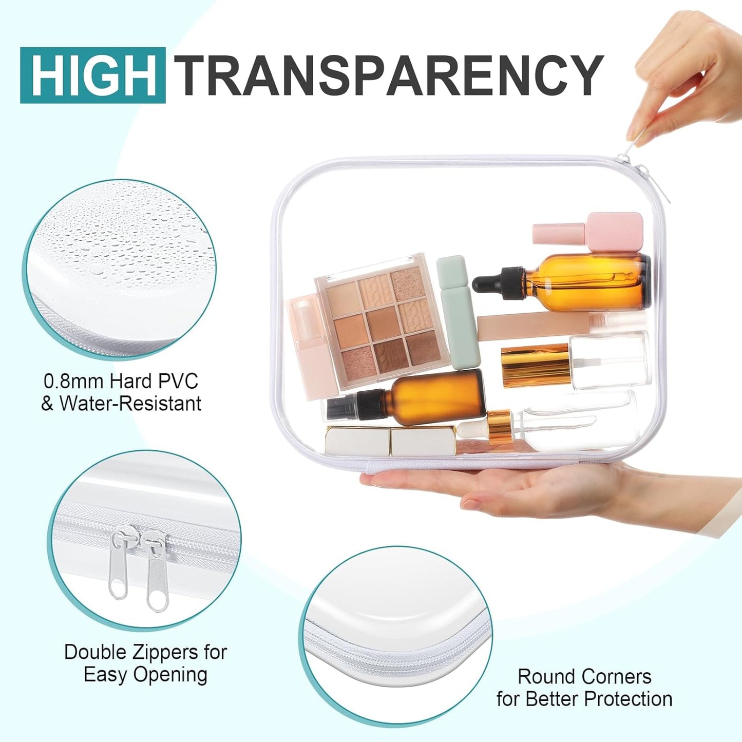 Hoolerry 3 Pcs Clear Hard Zipper Case Plastic Pouch Transparent Hard Case Clear Makeup Bag Portable Travel Organizer Bin for Cosmetics, Building Blocks, Puzzles(White,Mss)