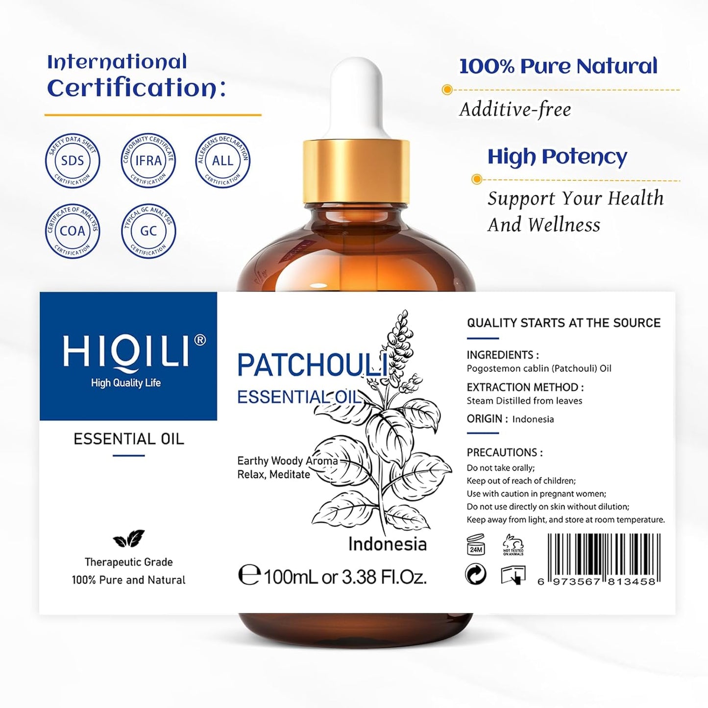 HIQILI Patchouli Essential Oil,100% Pure & Natural for Homemade Perfume, Sooth Skin, Nourish Hair at Home with Diffuser, Gift for Hippie Friend -100ML