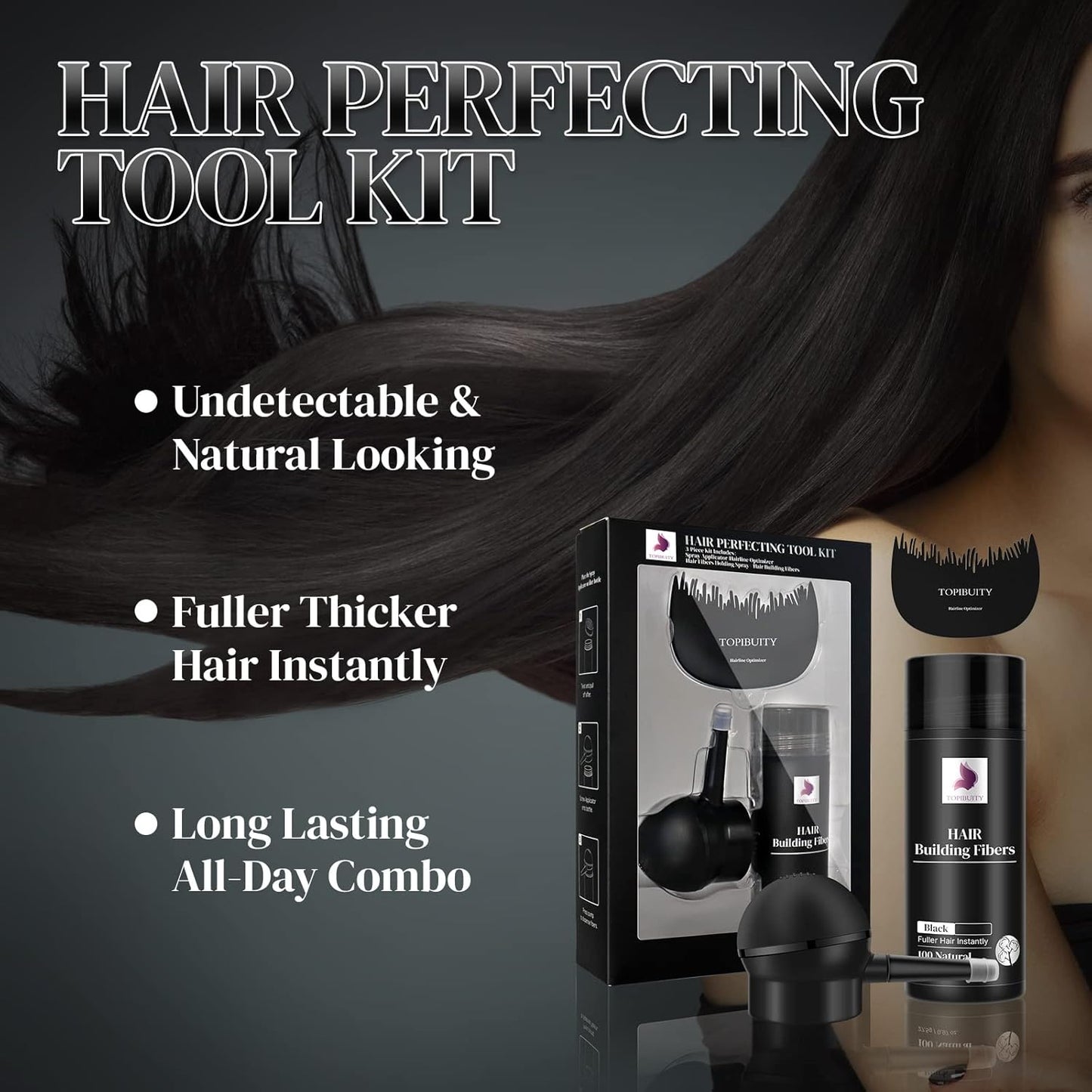 Hair Thickening Fibers & Applicator Set - Natural Long-Lasting Concealer for Fuller Hair, Thicker Beard & Crisp Hairlines (BLACK)