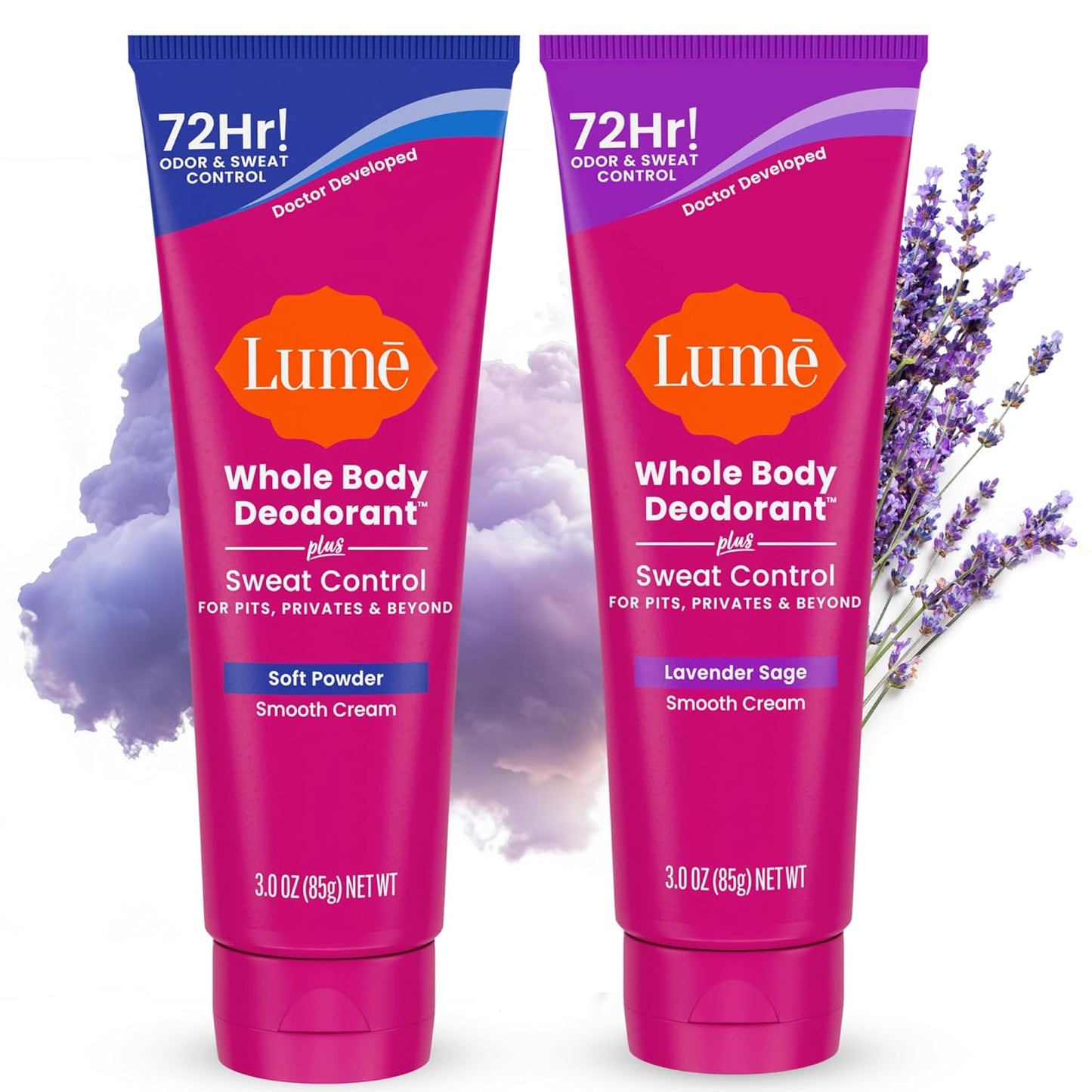 Lume Whole Body Deodorant Plus Sweat Control - Smooth Cream Tube - 72 Hour Odor And Sweat Control - Baking Soda Free, Skin Loving - 3.0 ounce (Pack of 2) (Lavender Sage)