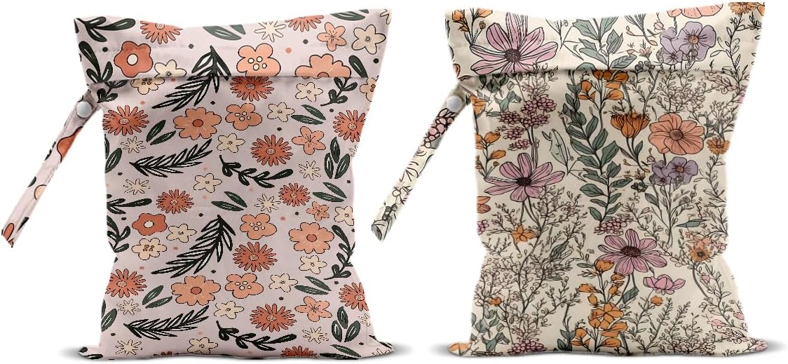 2Pcs Floral Print Wet Bags, Wet Dry Bag Reusable for Swimsuit, Travel, Diapers, Pool, Beach, Dirty Yoga Gym Clothes, Toiletries, Makeup Bag, Zipper Pouch Waterproof Birthday Christmas Gifts