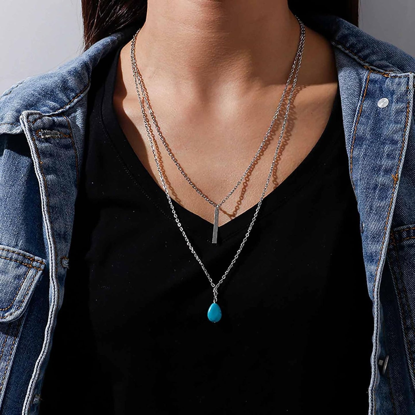Boho Teardrop Turquoise Neckalce Layered Turquoise Pendant Neckalce Gold Bar Pendant Necklace Vintage Layering Turquoise Water drop Necklace Jewelry for Women and Girls