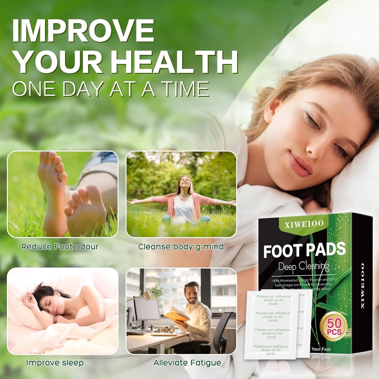 50 Pack Natural Foot Pads Ginger Wormwood Bamboo Vinegar Foot Care Patch Message Deep Cleansing for Stress Relief, Better Rest, Feet Health Patches, Relaxing Muscles Kit