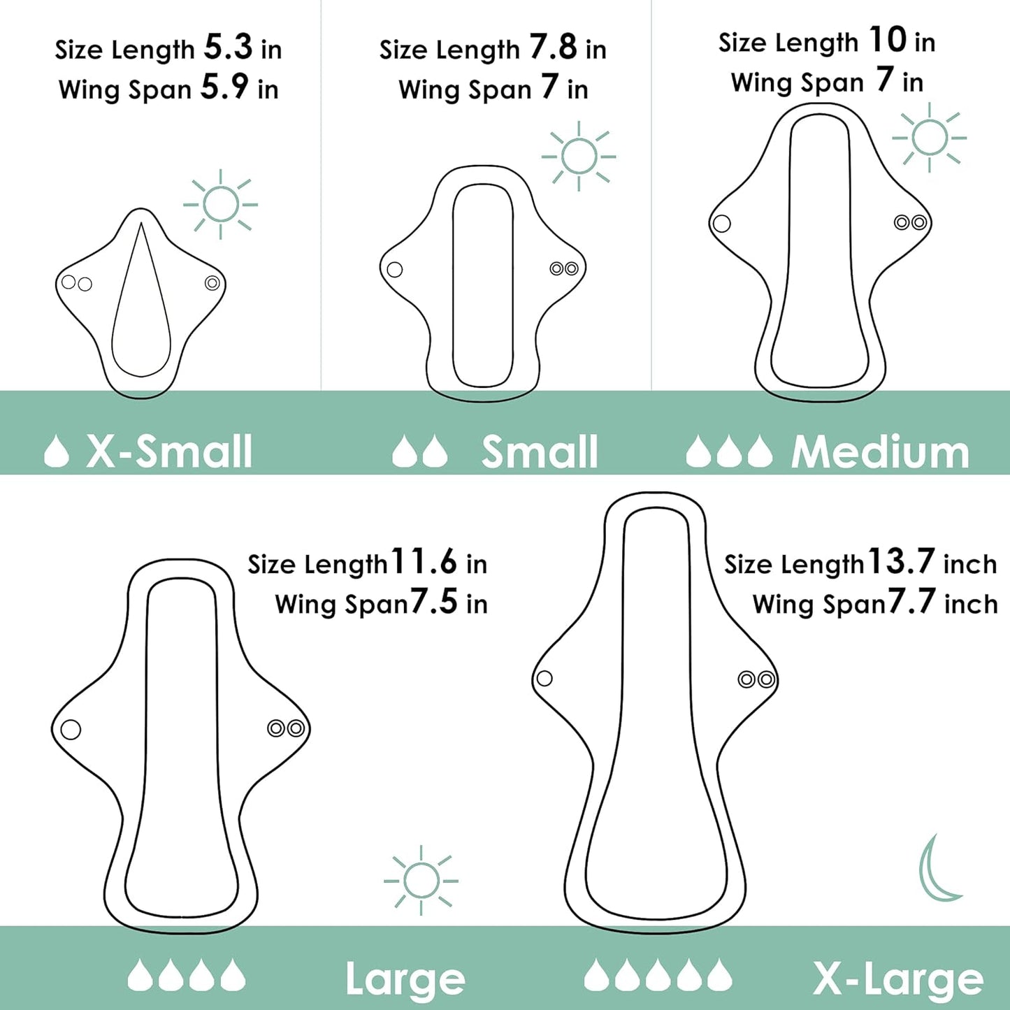 wegreeco 6 Pcs Reusable Menstrual Pads, Ultra Absorbent Cloth Pads for Heavy Flow, Sanitary for Teens, Women, Nonslip, Grey Inner, Black Outer, X-Small