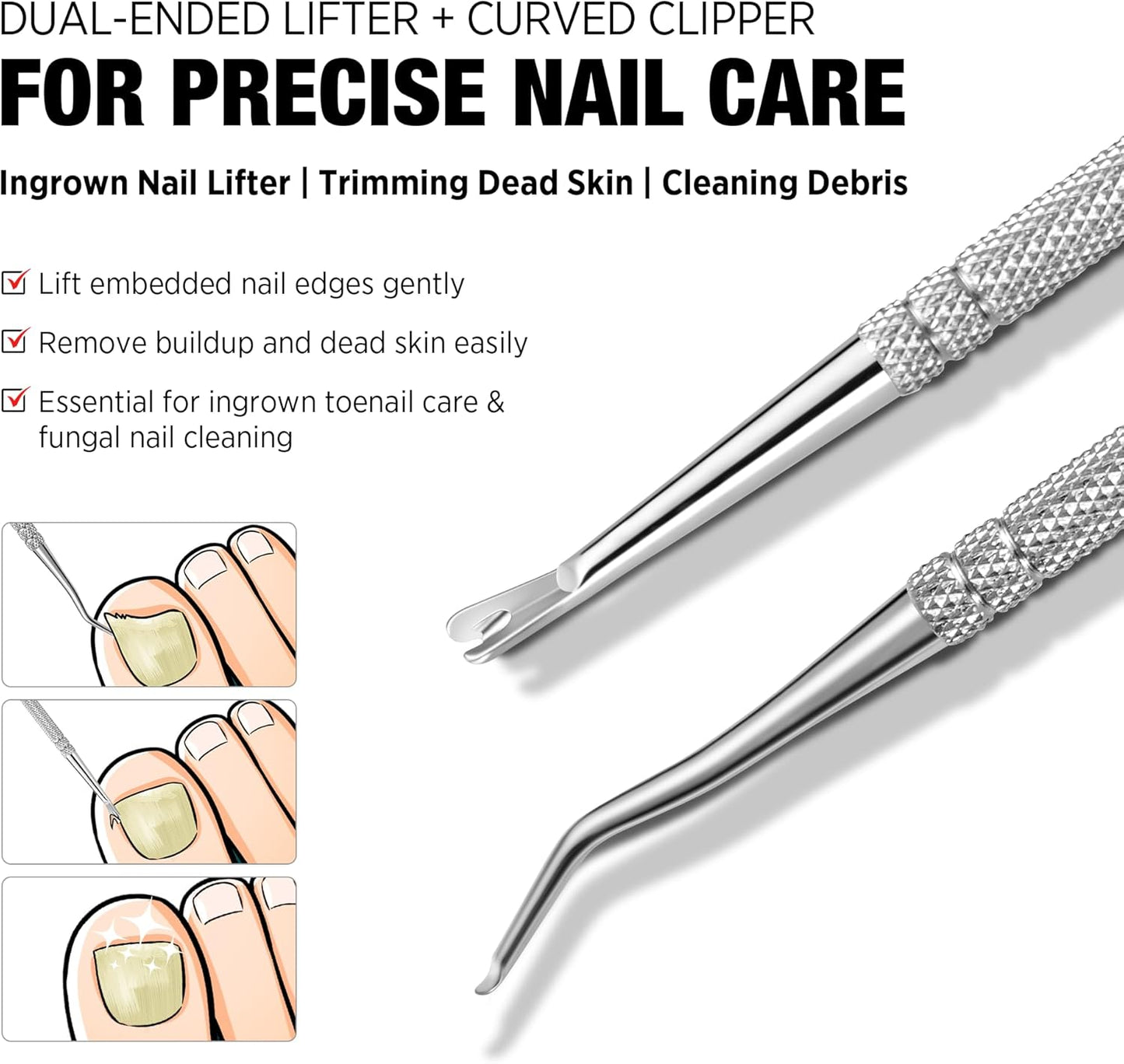 Ingrown Toenail Clipper Removal Kit - Toenail Clippers for Thick, Fungal-Damaged, Curved Nails with Lifter & File, Long-Handle Pedicure Tools for Men, Women & Seniors