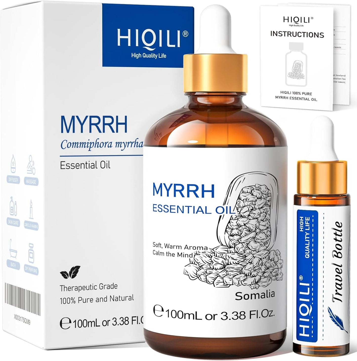 HIQILI 100ML Myrrh Essential Oil for Skin, Diffuser & Candle, 100% Pure and Natural - 3.38 Fl Oz