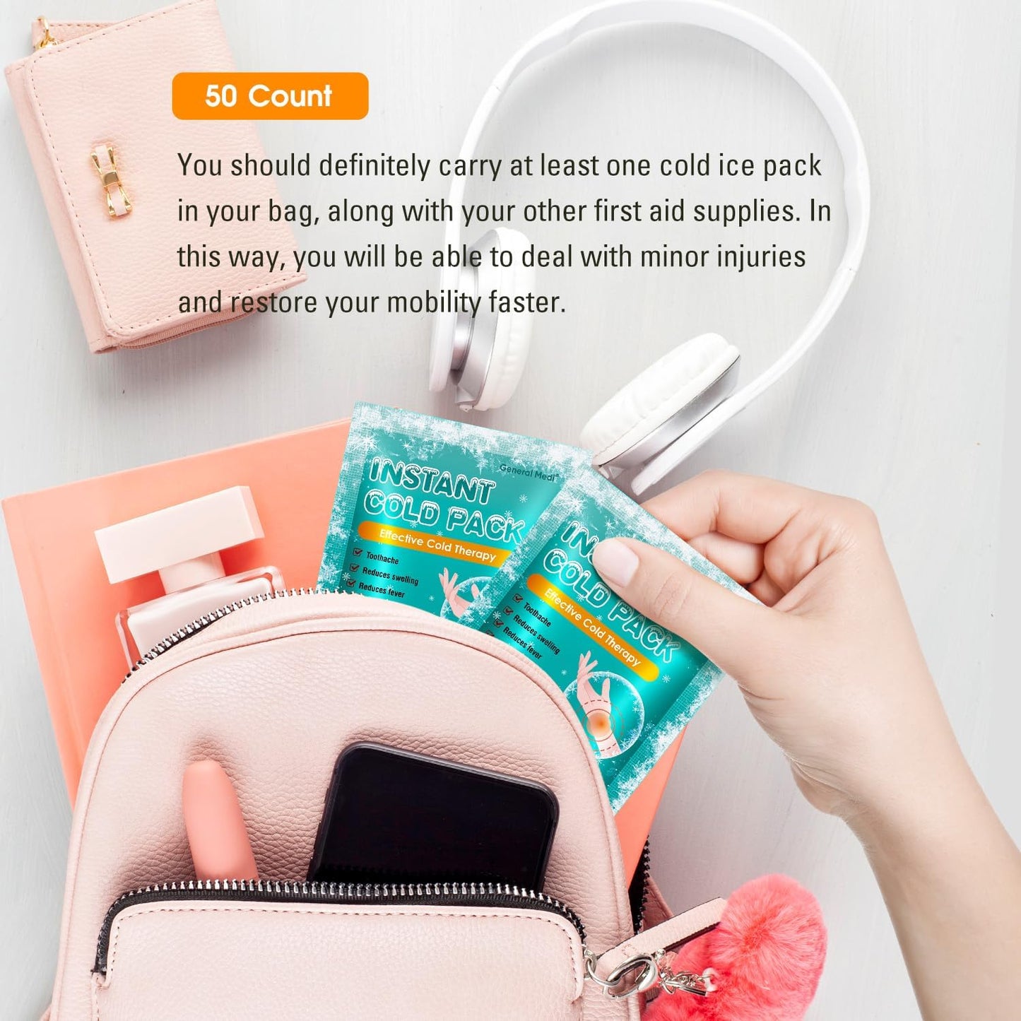 General Medi Instant Ice Cold Pack (4”x 5.5”) – 50 Packs Disposable Cold Therapy Ice Packs for Pain Relief, Swelling, Inflammation, Sprains, Toothache – for Athletes & Outdoor Activities