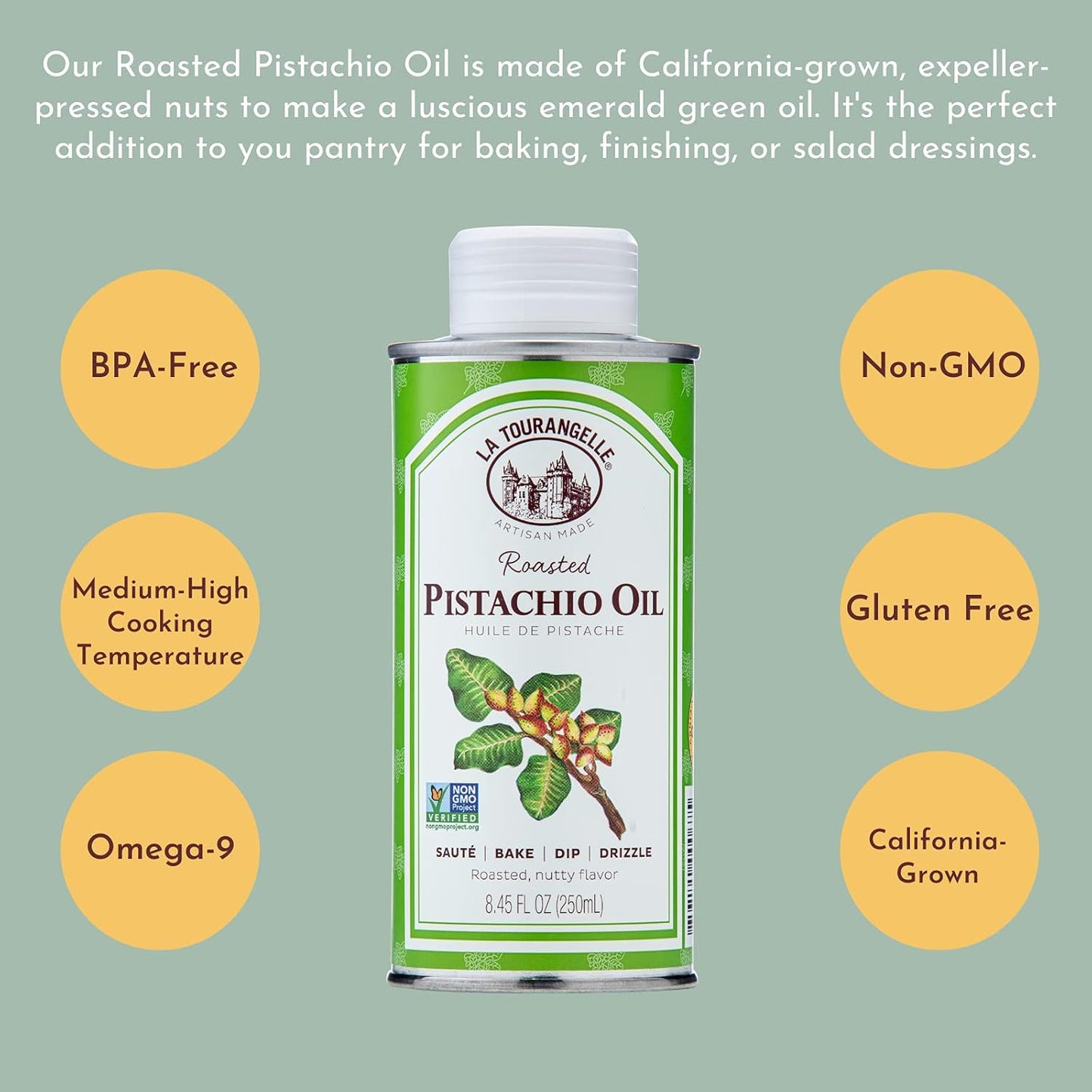 La Tourangelle, Roasted Pistachio Expeller-Pressed Oil for Cooking, Baking, and Beauty, Adds Flavor to Vinaigrettes, Sauces, Marinades, Green, 8.45 Fl Oz