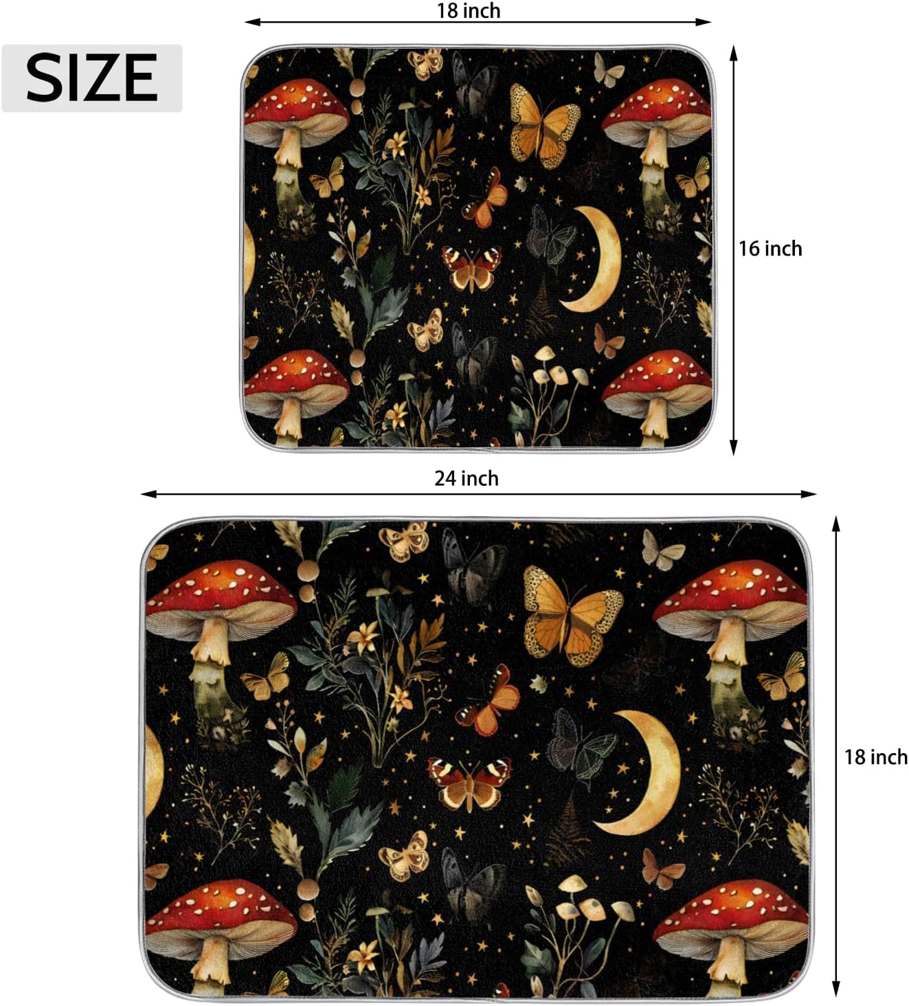 Hexteria Mushrooms and Butterflies Dish Drying Mat for Kitchen Counter Microfiber Absorbent Dish Draining Reusable Washable Foldable Extra Large 18"x24"