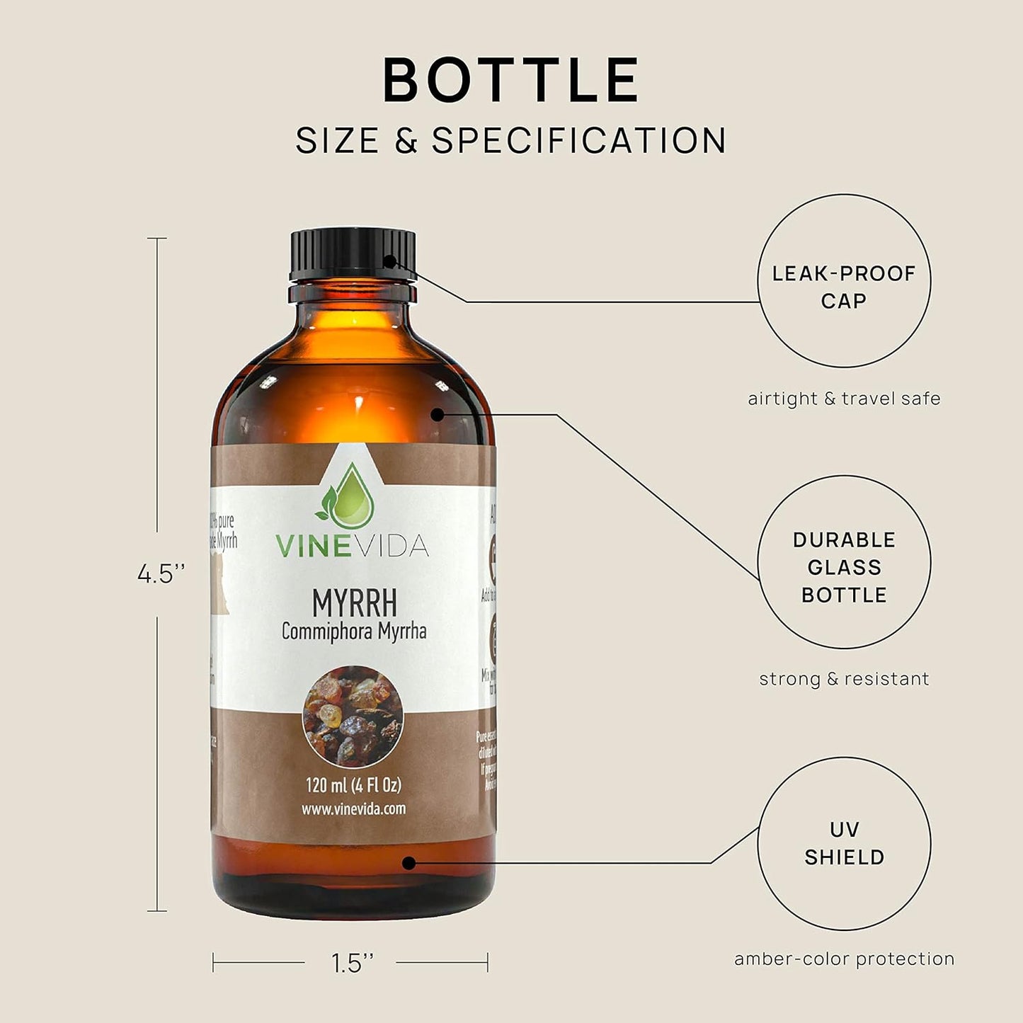 VINEVIDA Myrrh Essential Oil - Undiluted Myrrh Oil - Myrrh Candle Oil Scent - DIY Candle Scents for Candlemaking - Bulk Essential Oil for Soap Making Safe for Skin, 4.0 Fl Oz