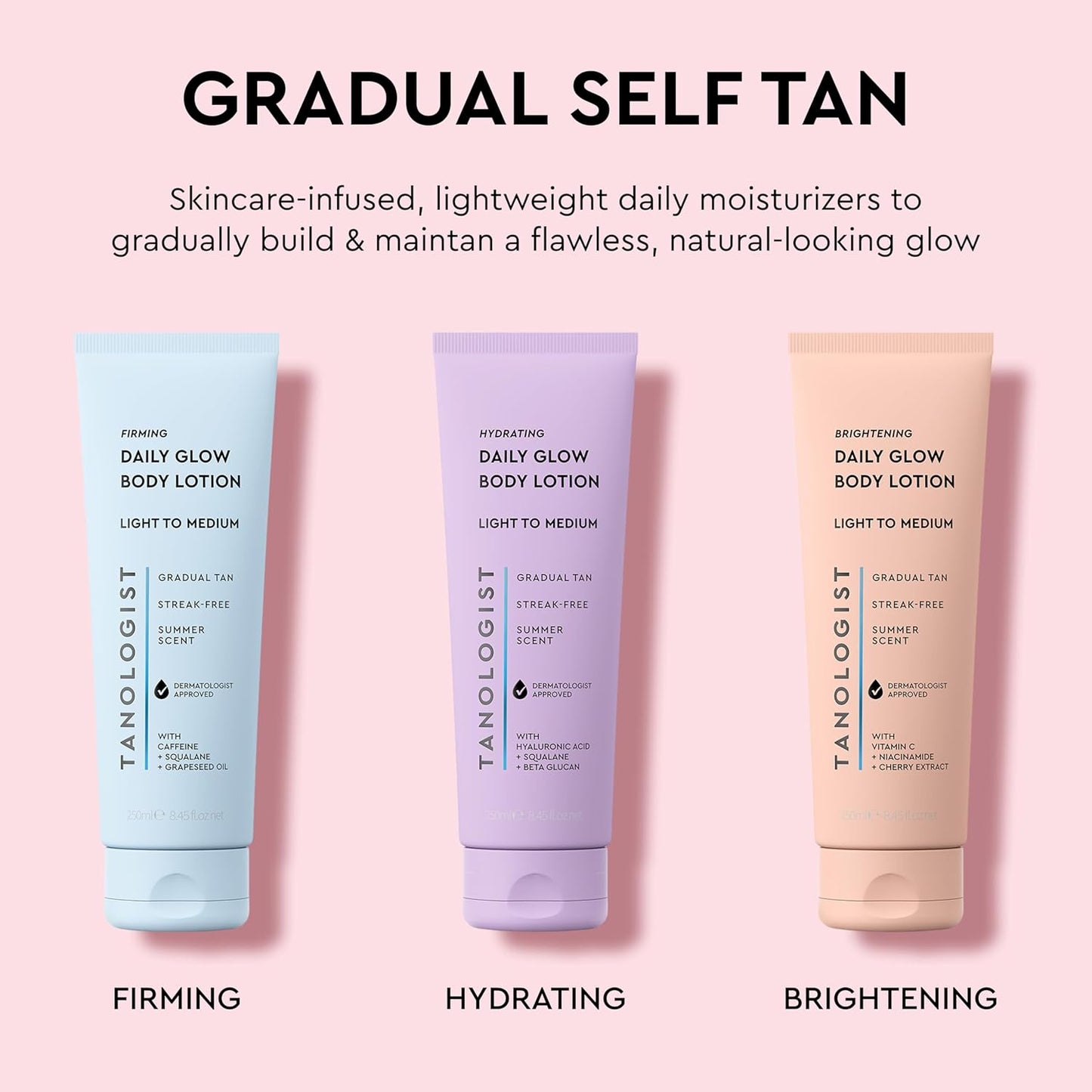 Tanologist Firming Daily Glow Body Lotion- Light/Medium, Gradual Tanning Lotion, No Fake Tan Smell, Streak-Free & Natural Looking Self Tanner, Toning, Vegan, 8.45 fl. oz/250 ml Tube