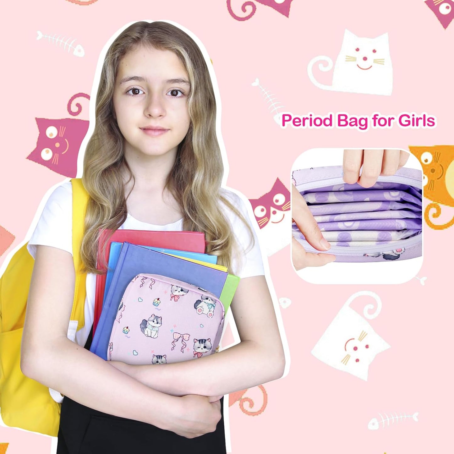 Tampon Holder for Purse, Canvas Period Bag Sanitary Napkin Storage Bag for Girls Womens, Portable Feminine Emergency Pad Period Pouch(Teacup White Cat)