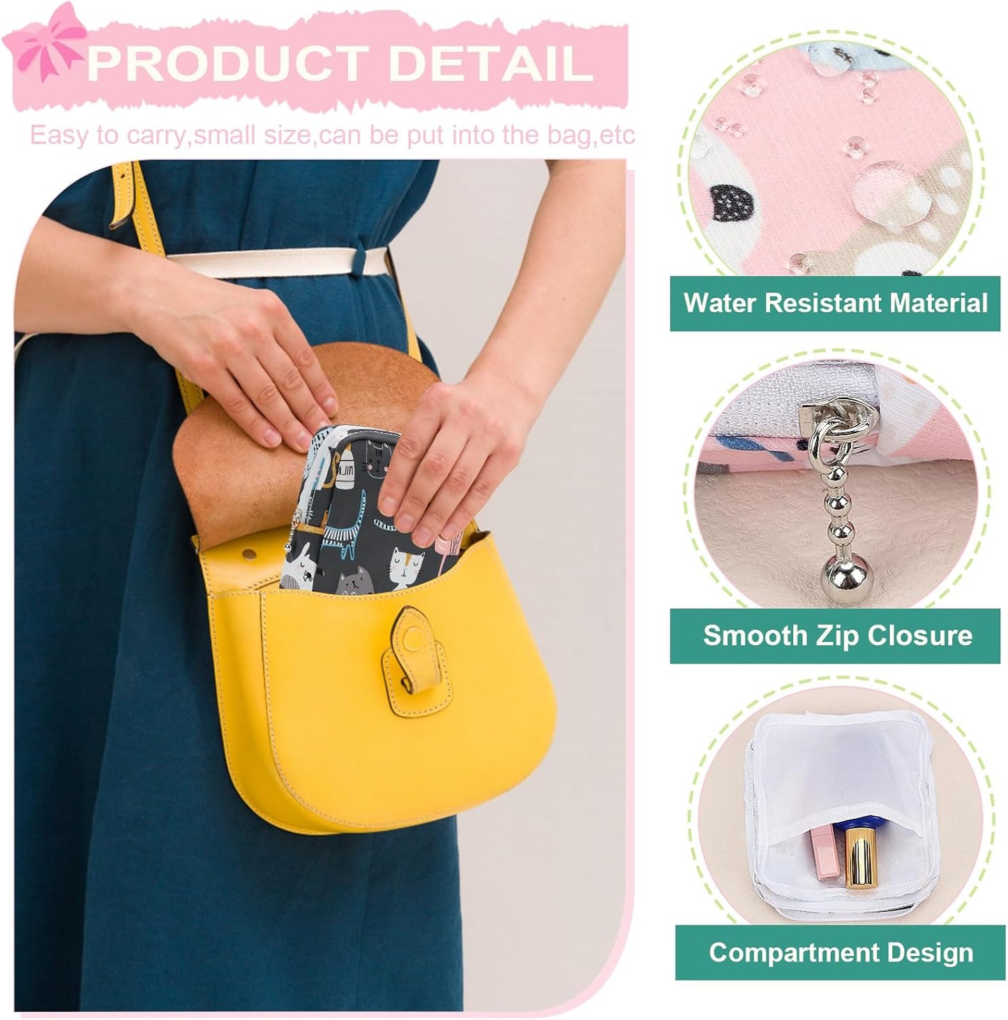 Desing Wish Sanitary Pad Storage Bag Portable Period Bag for Teen Pads/Sanitary Napkins/Small Tampons, Sanitary Napkin Storage Bag First Period Gifts for Teen Girls (Purple Bowknot Cat)