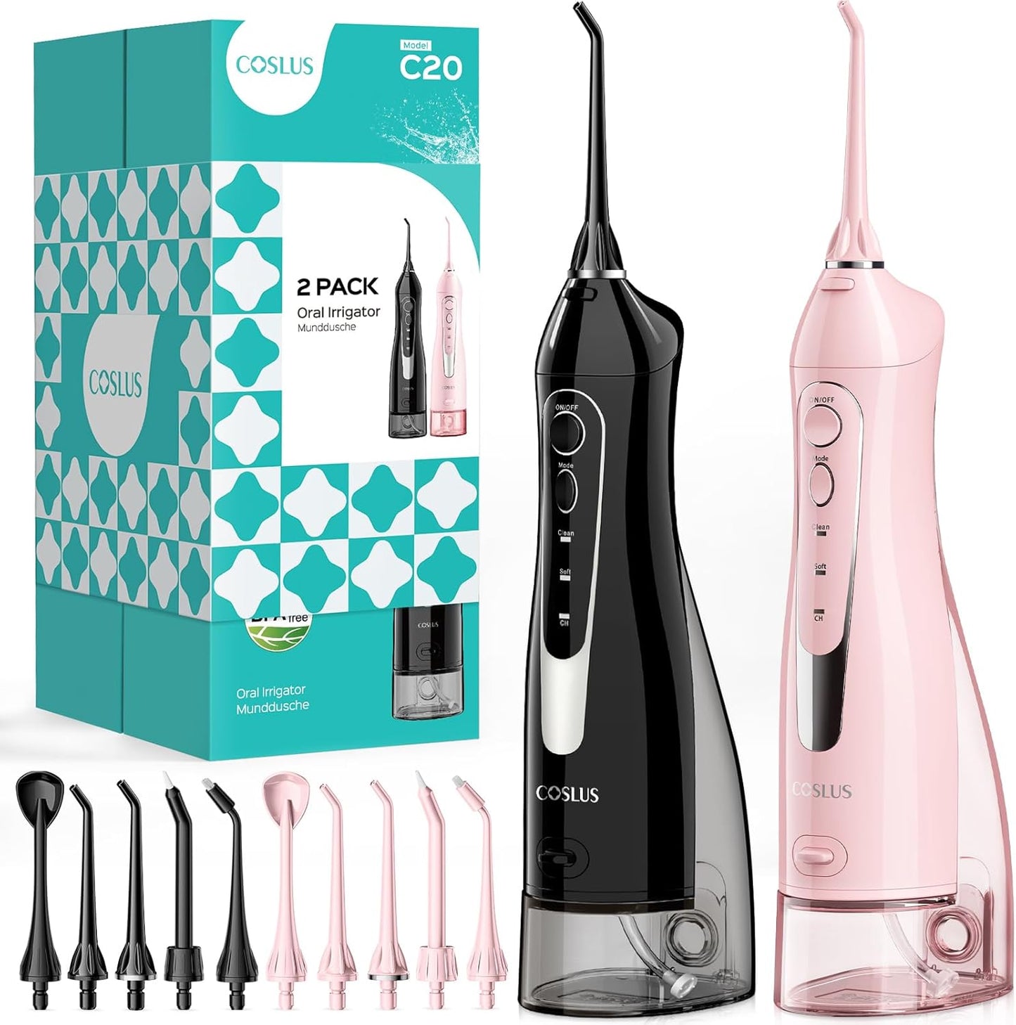 COSLUS 2 Pack Cordless Water Flosser with Elegant Packaging for Teeth, Braces, Gums Care - Easy to Use, Rechargeable, Waterproof, Portable for Travel, BPA-Free, Black & Pink, C20(F5020E)