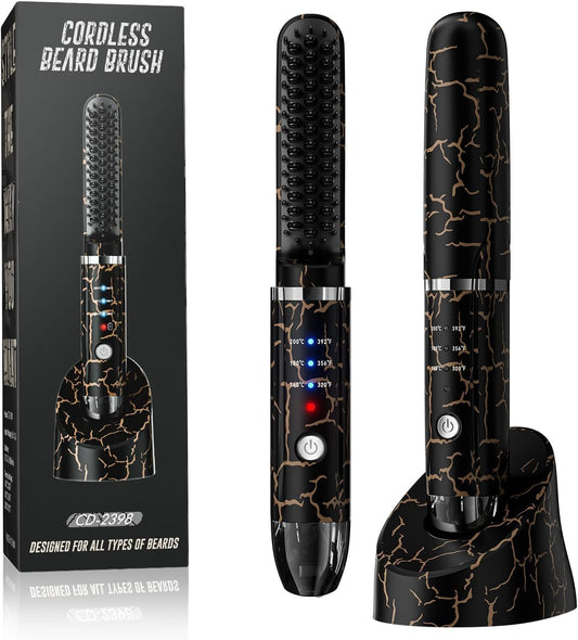 Beard Straightener for Men, Cordless Heated Beard Brush, Portable Beard Hot Combs, Ionic Mini Hair Straightener with 3 Temp Settings, Coarse Curly Hair Brush, Grooming Kit for Men