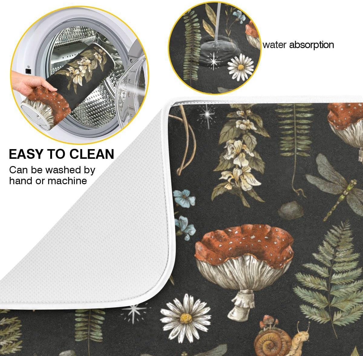 Mushroom Fern Leaves Berry Dish Drying Mat for Kitchen Counter Vintage Botanical Nature Drying Mats Super Absorbent Reversible Microfiber Kitchen Countertop Protector Dishes Pad Large18x24 inch